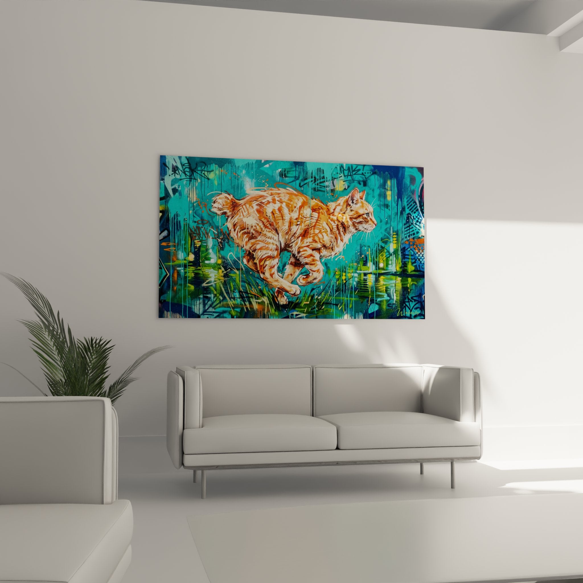 Dettaglio pittura gatto arancione in movimento, tecnica street art con gocciolature e schizzi artistici