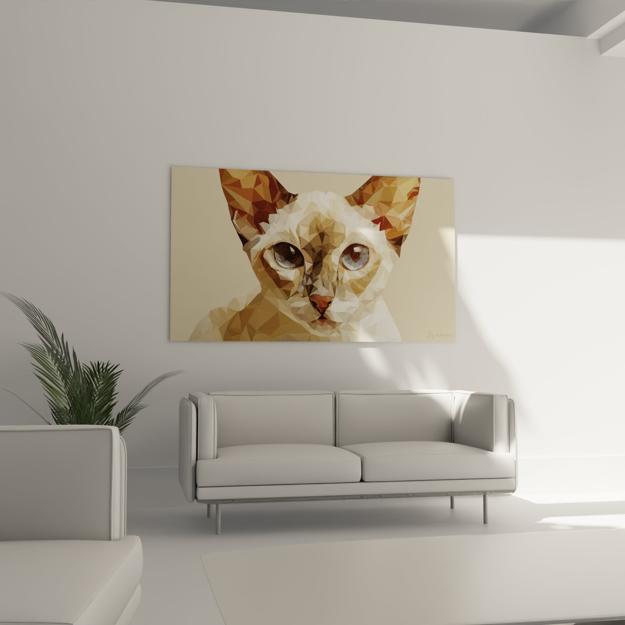 Détail des yeux bleus perçants du chat polygonal, facettes géométriques en gros plan