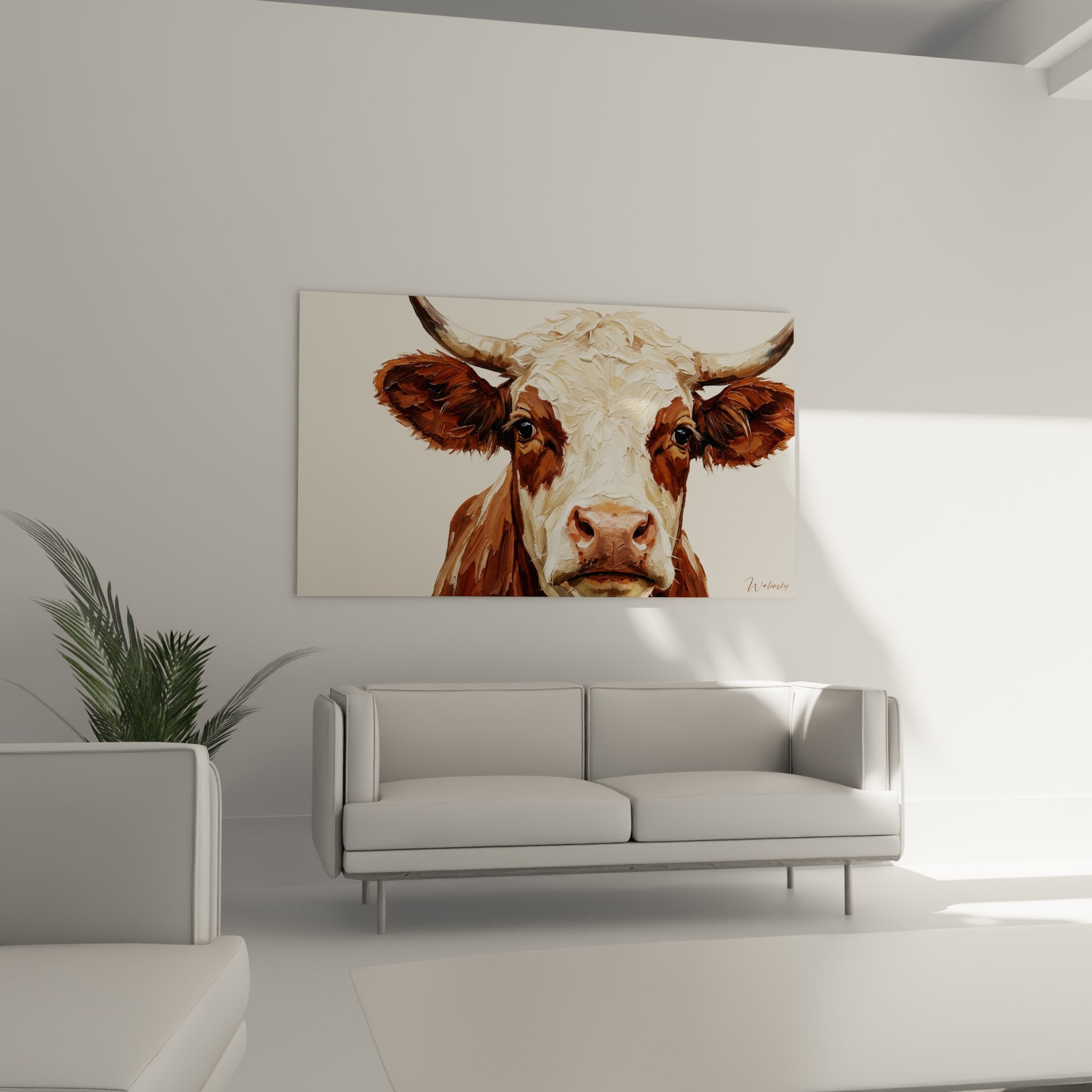 Primo piano sui dettagli artistici del quadro mucca alpina, pennello visibile, colori naturali