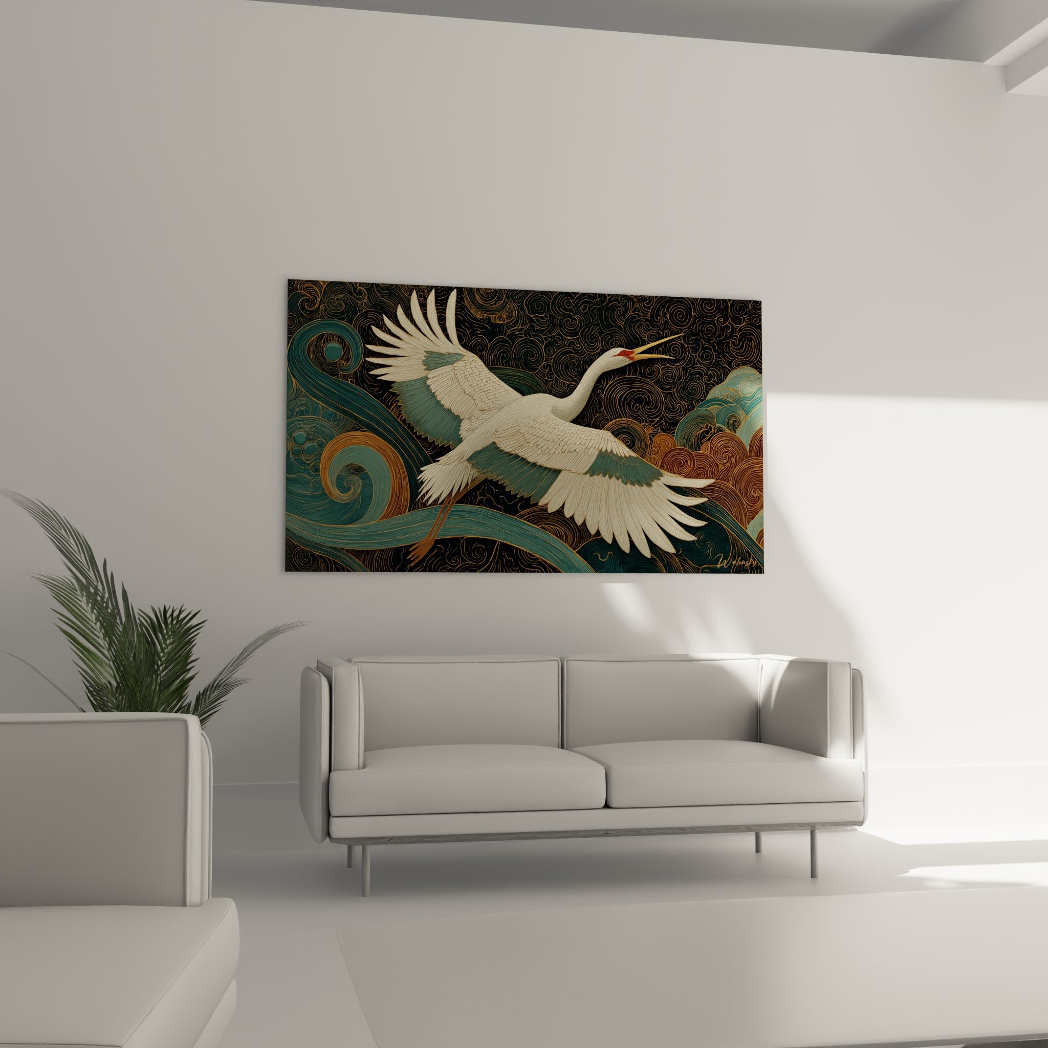 Détail rapproché tableau grue art déco montrant plumes blanches finement dessinées et motifs spiralés dorés