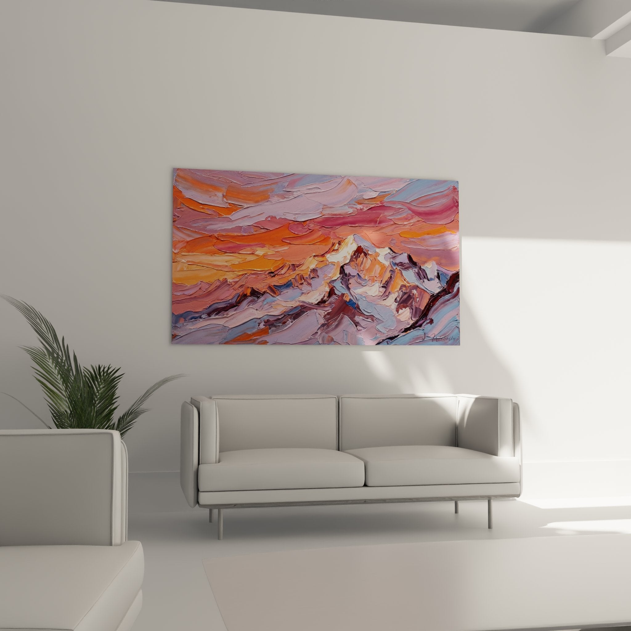 Mountain painting detail thick texture palette knife orange pink white colors impressionist technique