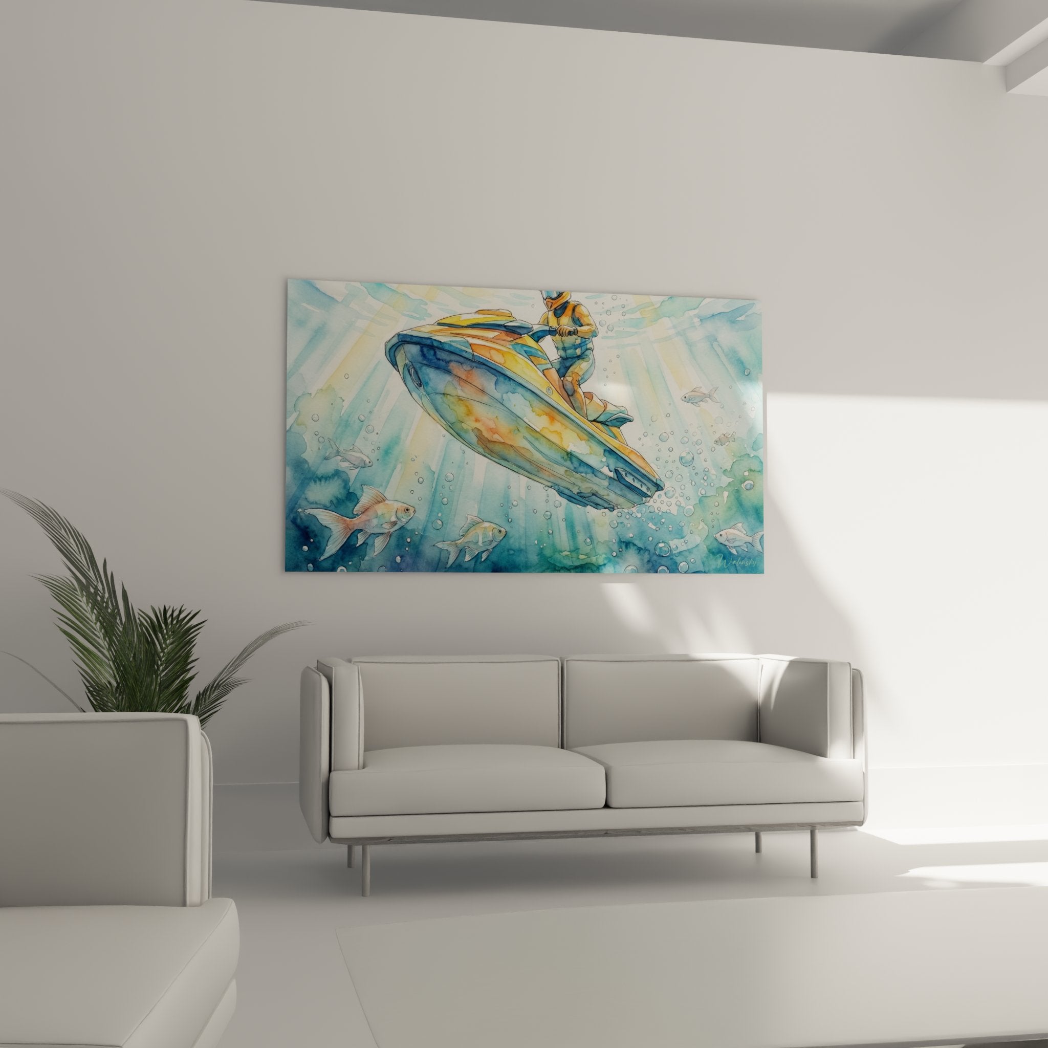 Détail aquarelle jetski coloré orange bleu naviguant sous eau avec bulles et reflets lumineux