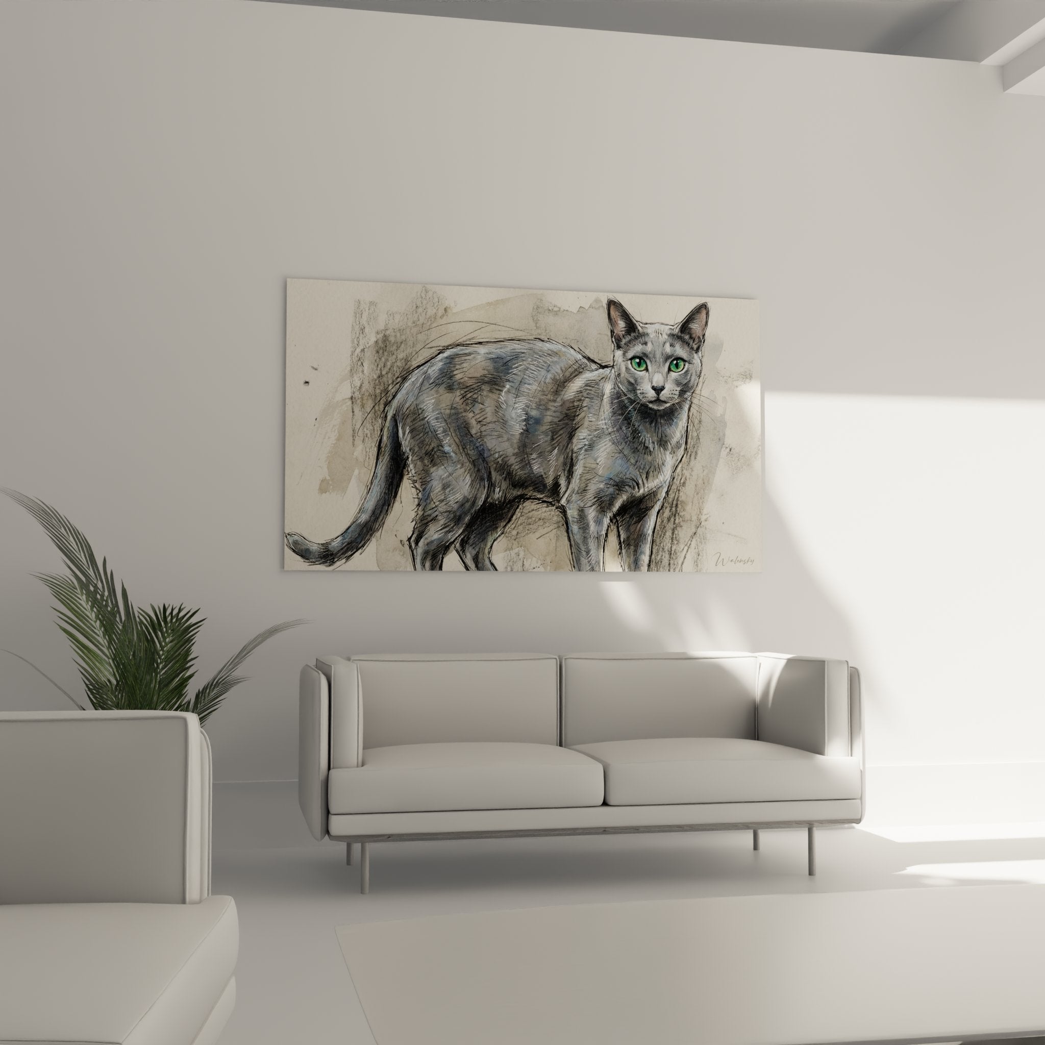 Détail gros plan tableau Russian Blue montrant les yeux verts et technique esquisse