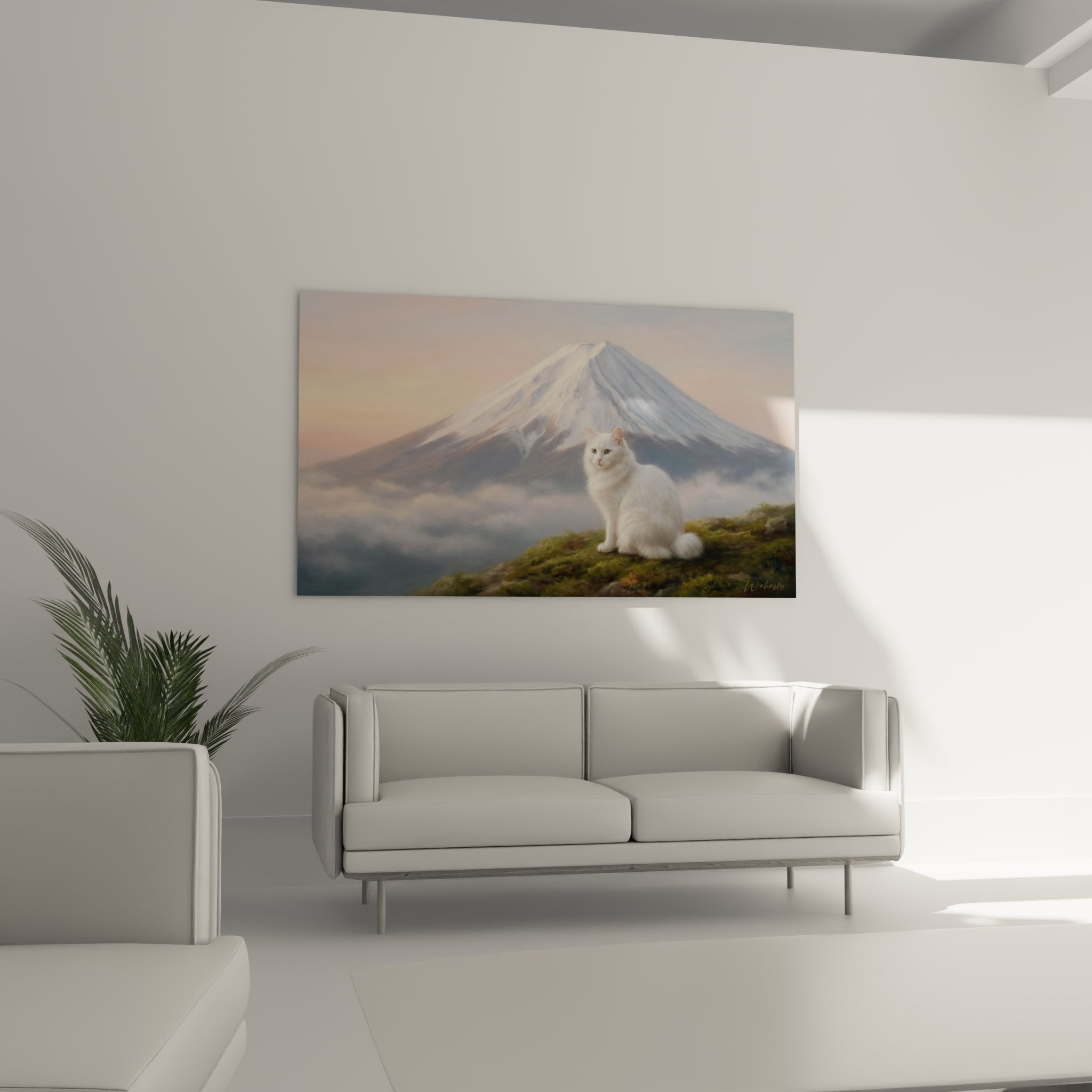 Close-up of Japanese Bobtail white cat wall art in front of Mount Fuji, Japanese painting details premium quality artwork