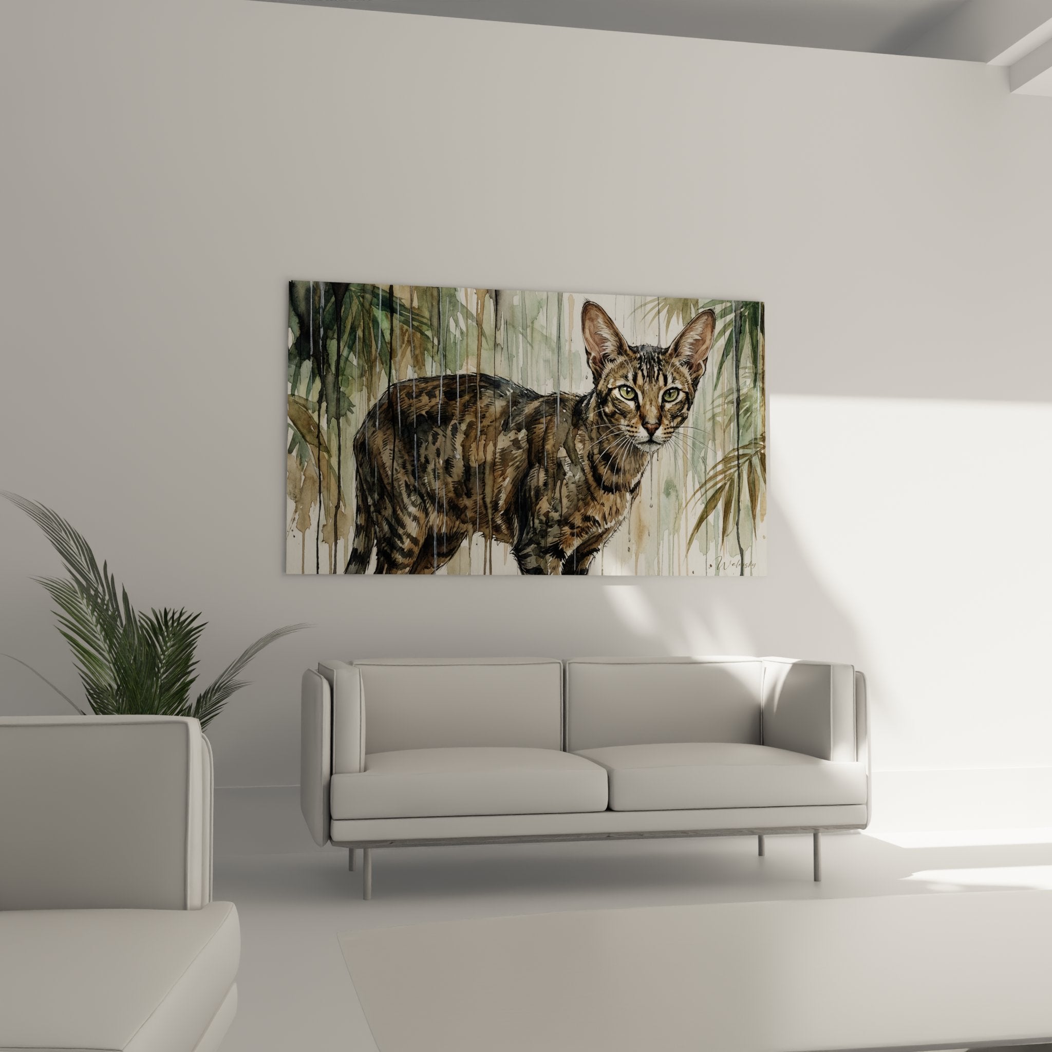 Détail chat Chausie aquarelle yeux verts pelage tacheté brun technique artistique coulures peinture