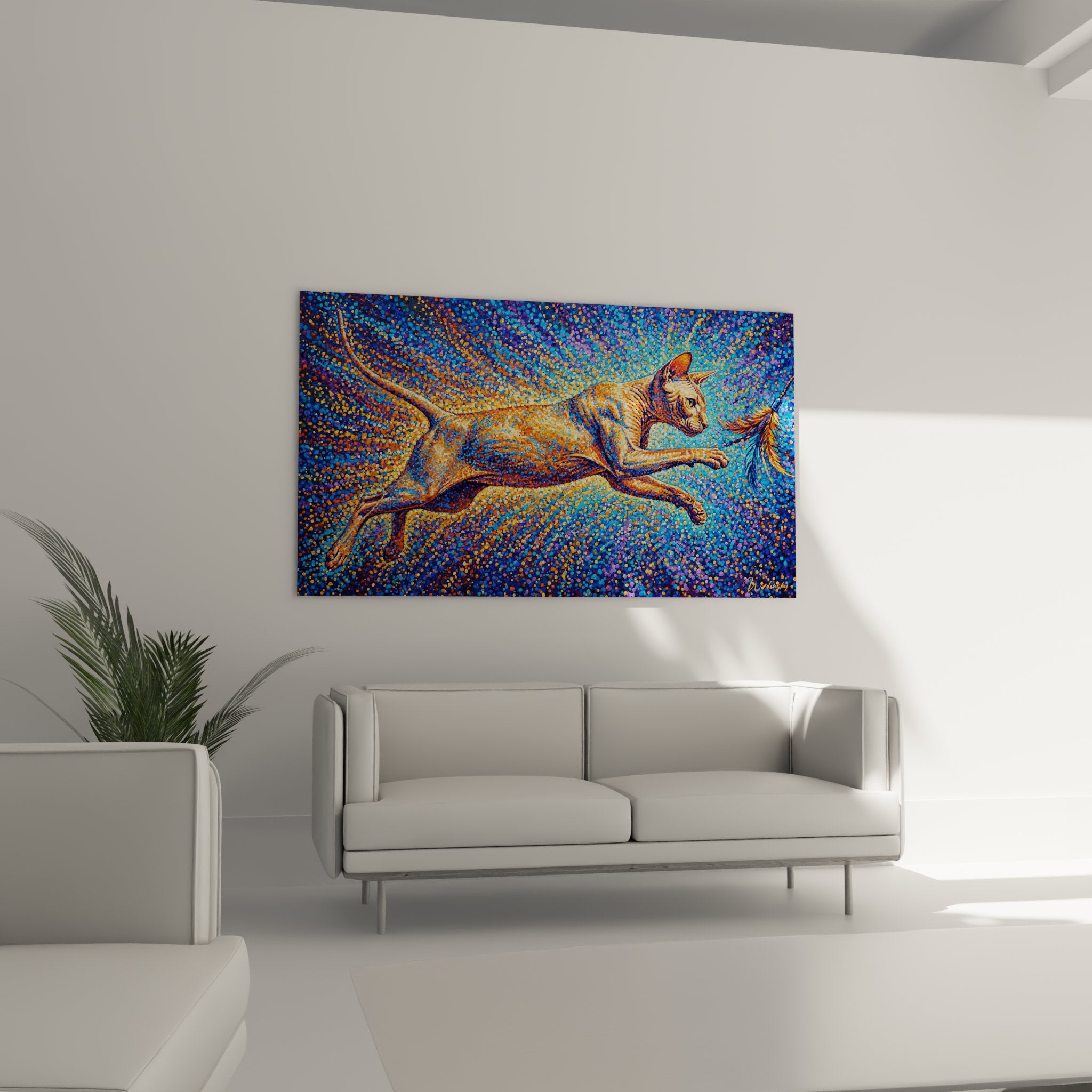 Dettaglio quadro gatto alato pointillismo tecnica artistica punti colore blu arancione felino alato