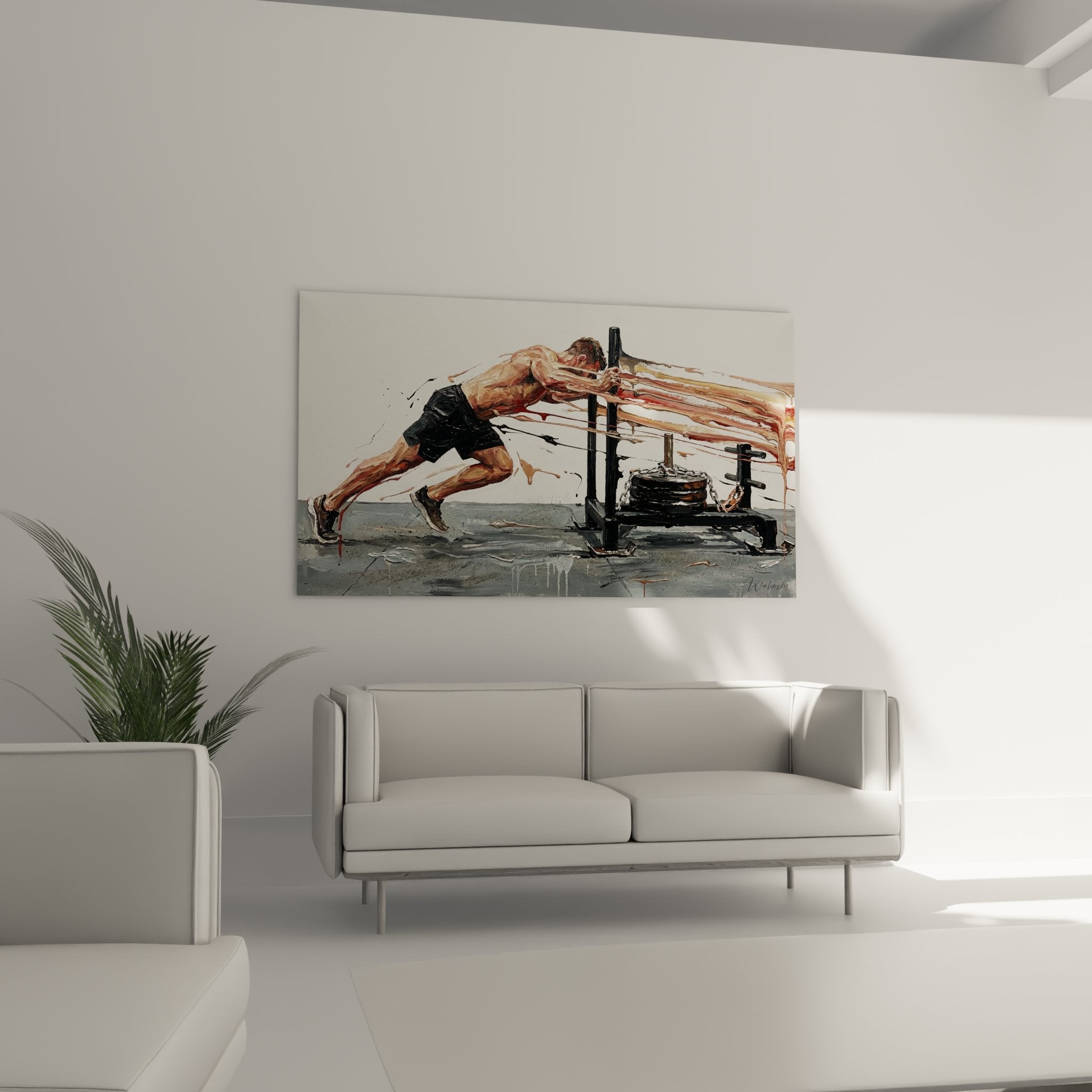 Dettaglio quadro crossfit sled push, pittura espressionista atleta sforzo, pennellate dinamiche