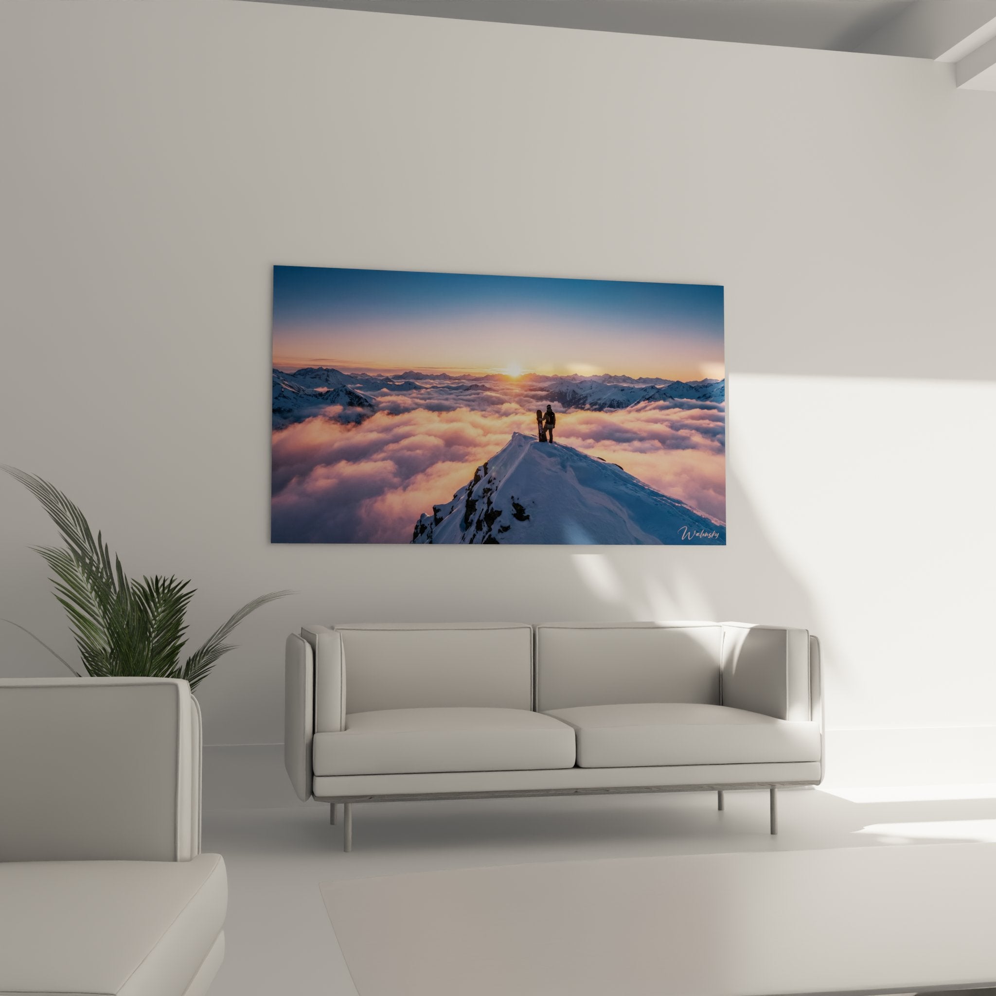 Detail tableau snowboardeurs sommet neigeux nuages roses coucher soleil haute qualite impression toile snowboard