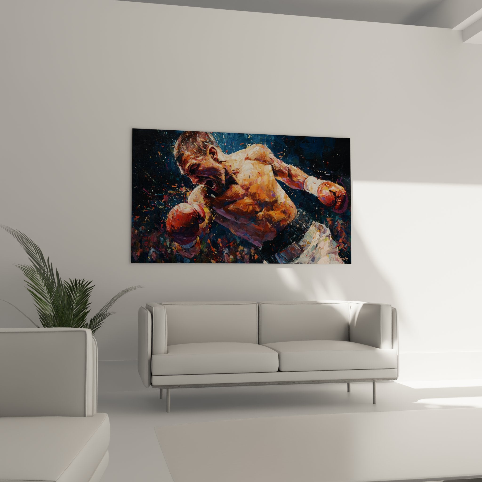 Detail tableau MMA peinture combat rapproche texture couleurs vives orange rouge bleu fighter musculation