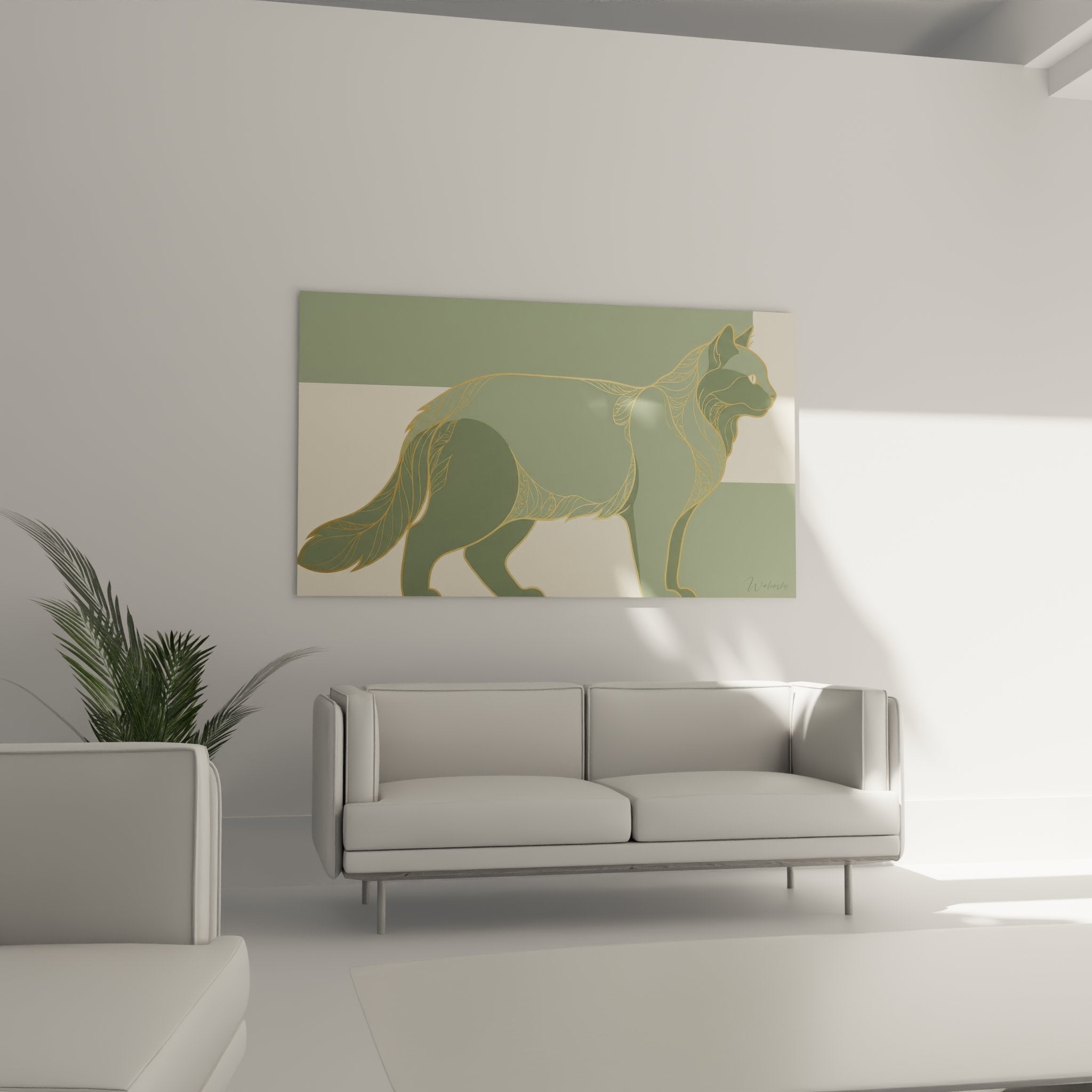 Detail stilisiertes Katzen-Gemälde mit goldenen Konturen auf geometrischem grünem Hintergrund modernes Wandkunst Premium-Qualität