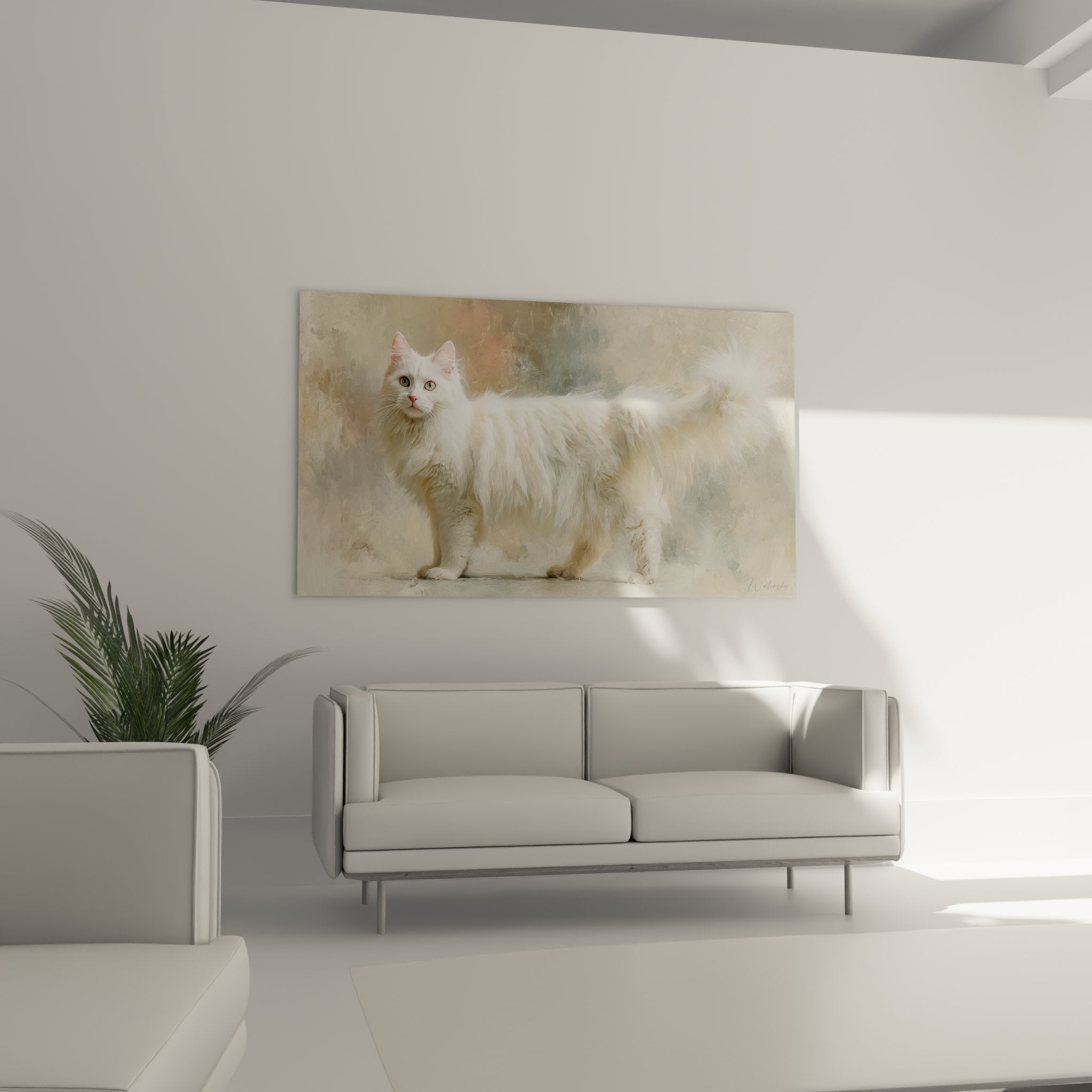 Nahaufnahme des Turkish Angora Gemäldes mit Details des weißen Fells und den verschiedenfarbigen Augen der Katze