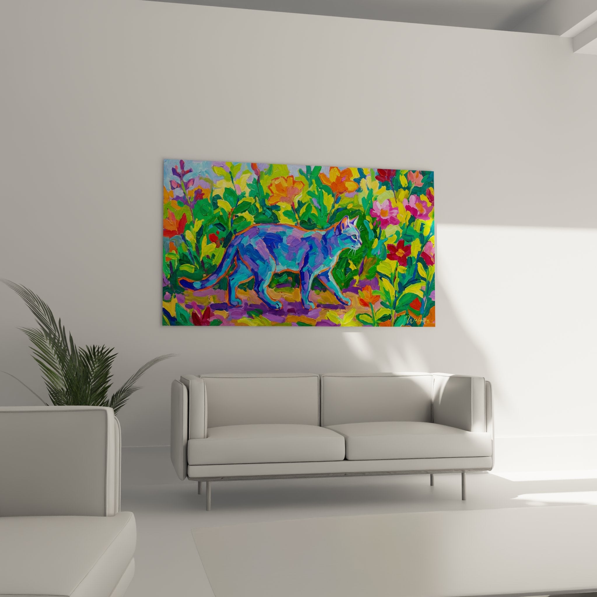 Detail of the artwork showcasing the vibrant colors of the Burmilla cat and garden flowers