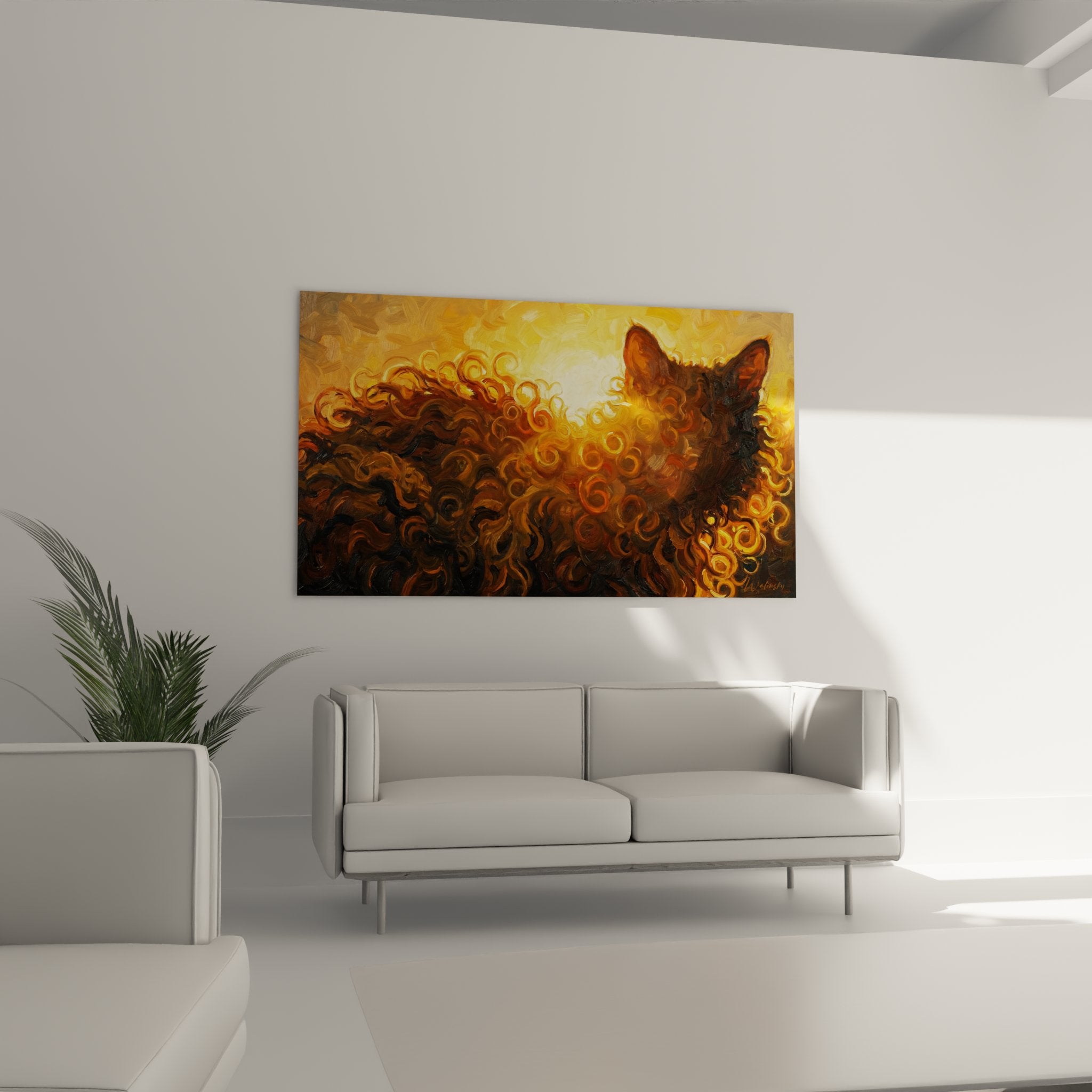 Dettaglio ravvicinato del dipinto gatto LaPerm che mostra la texture del pelo ricciuto e la tecnica pittorica dorata