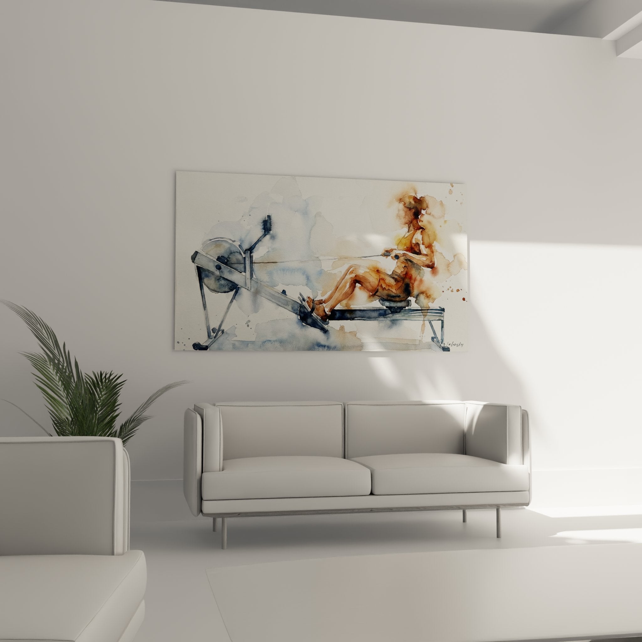 Dettaglio acquerello rematore crossfit tecnica pennello colori fluidi arte sport contemporaneo