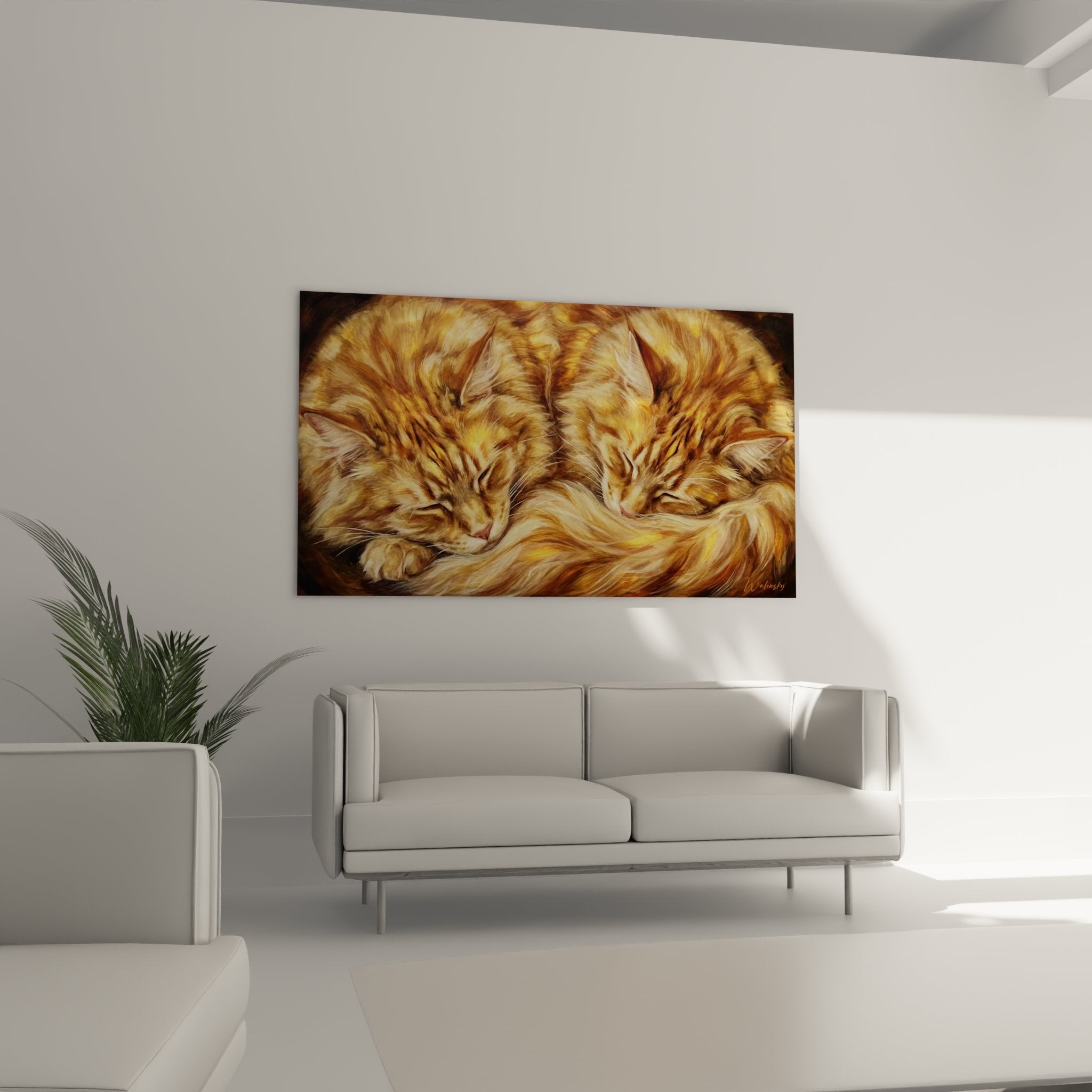 Detail des Maine-Coon-Gemäldes, das die Textur des rötlichen Fells und die Details der schlafenden Gesichter zeigt