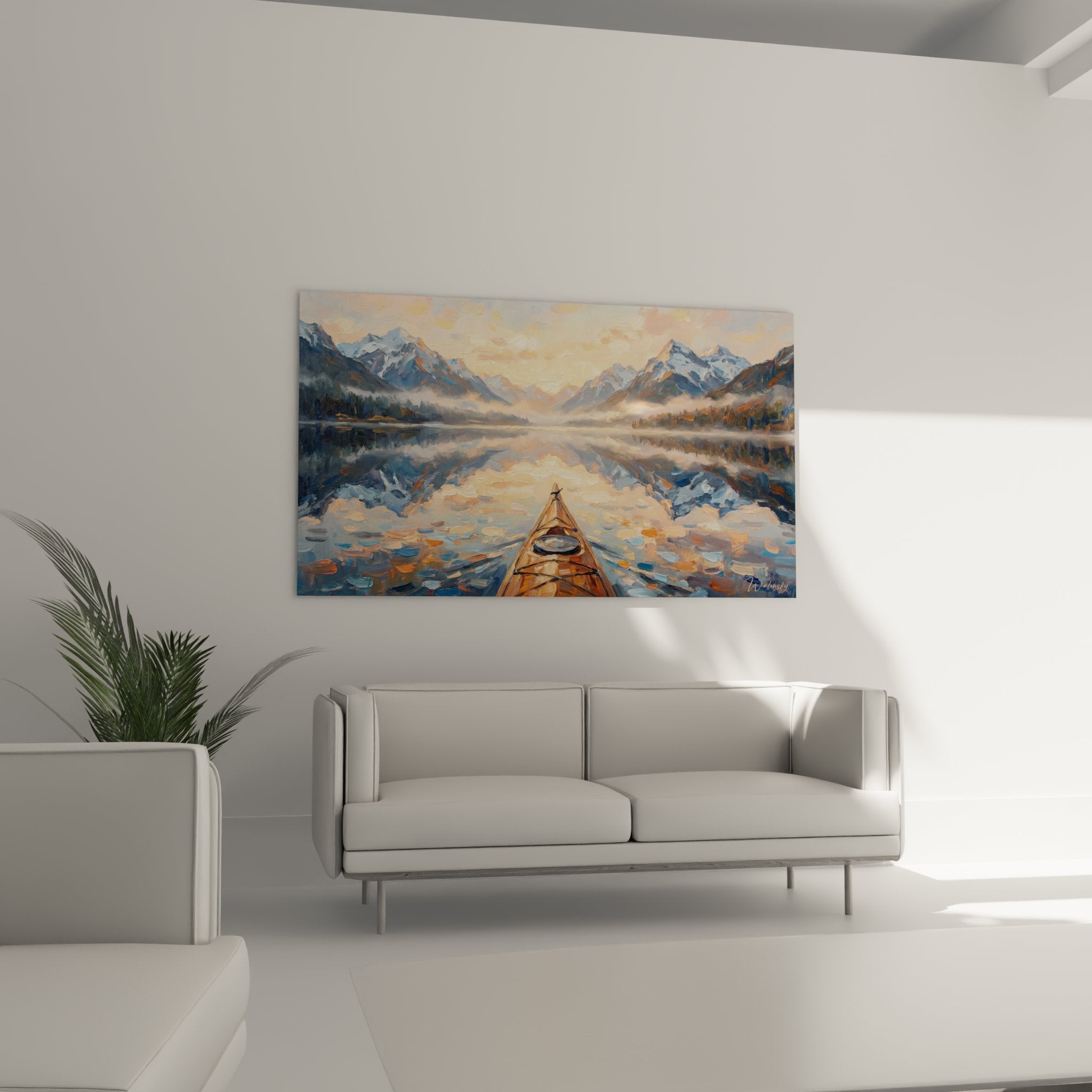 Detail of the artwork showing the kayak bow and the colorful sunset reflections on the crystal-clear water