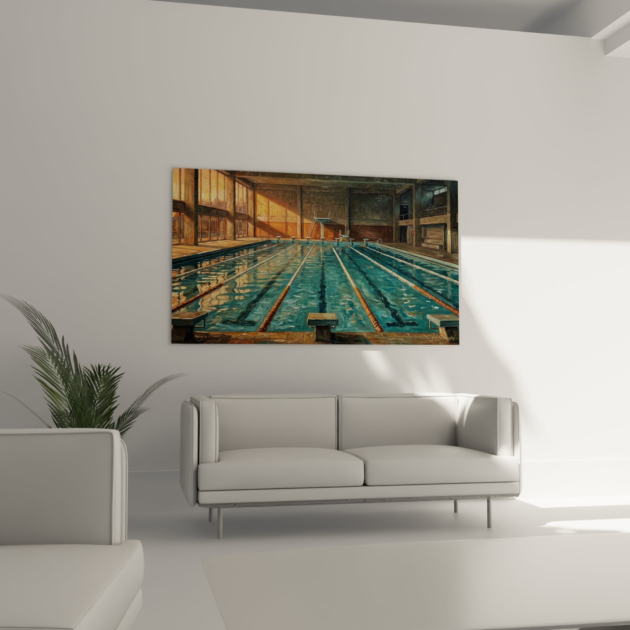 Detail tableau piscine olympique montrant lignes d'eau et reflets turquoise dans bassin vintage