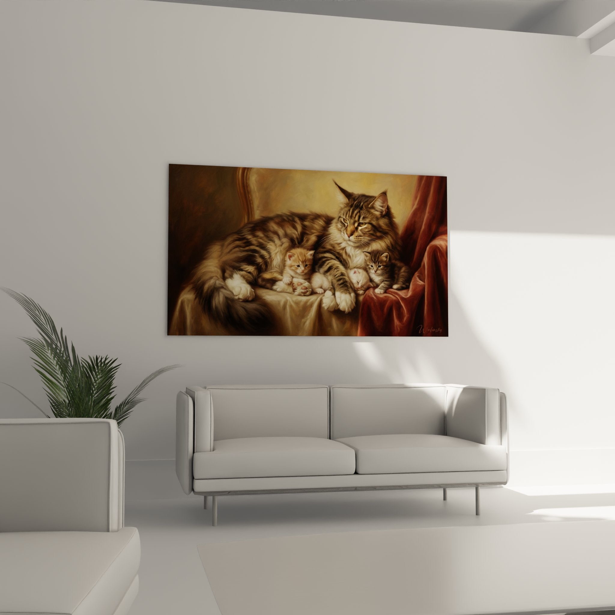 Close-up Maine Coon family wall art showing silky fur details and tender gaze of mother and kittens