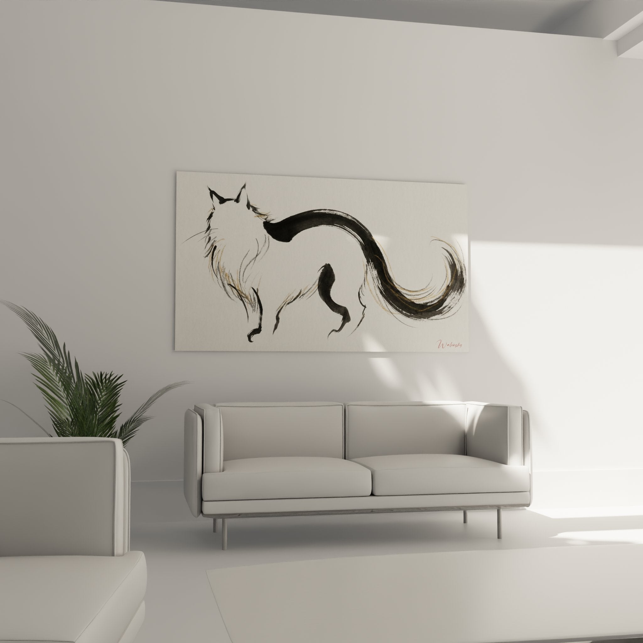 Nahaufnahme Katzenbild mit schwarzen Tintenstrichen orientalischer Minimalismus zeitgenössische Wandkunst Felide
