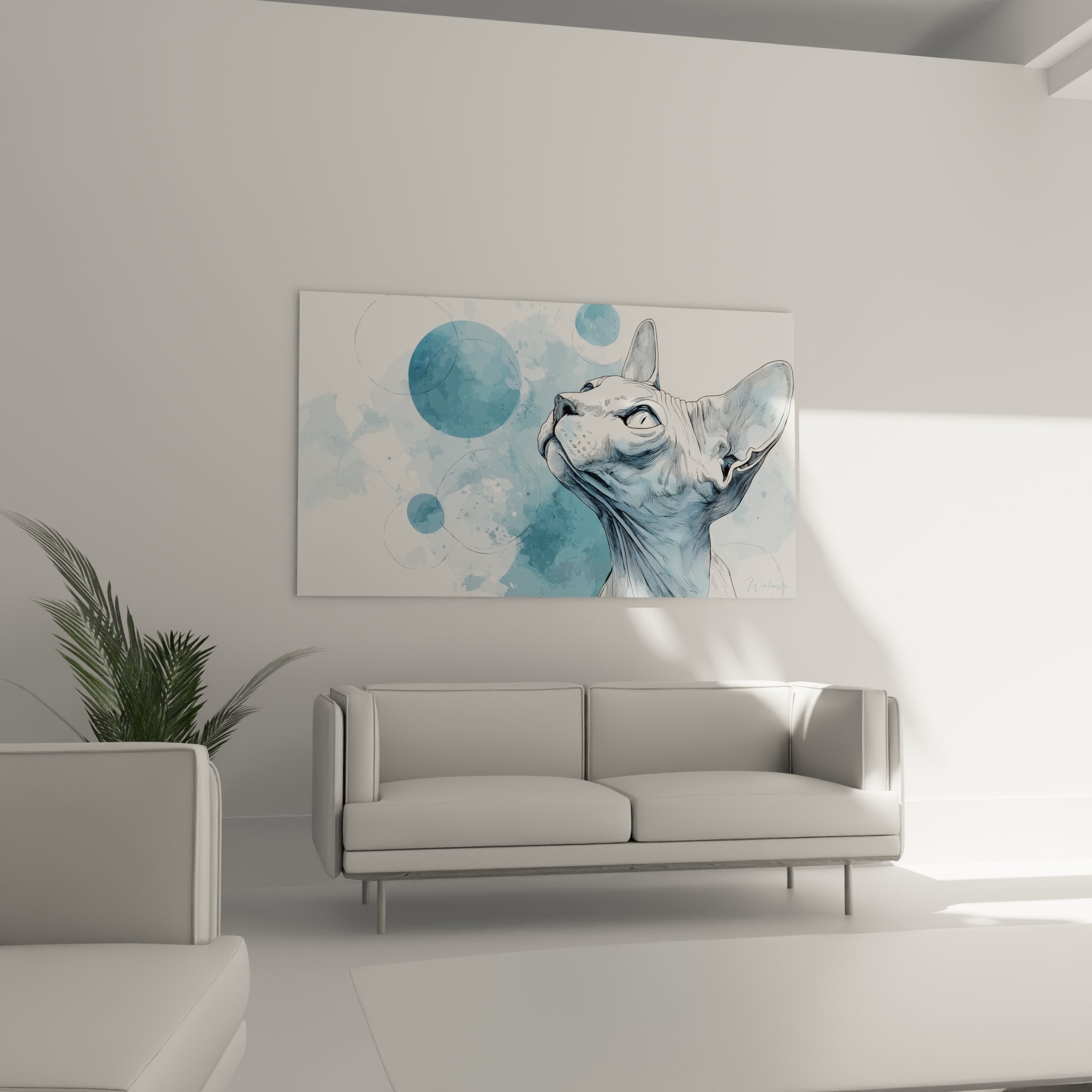 Dettaglio quadro gatto Sphynx acquerello tecnica mista tratto nero forme geometriche blu arte contemporanea