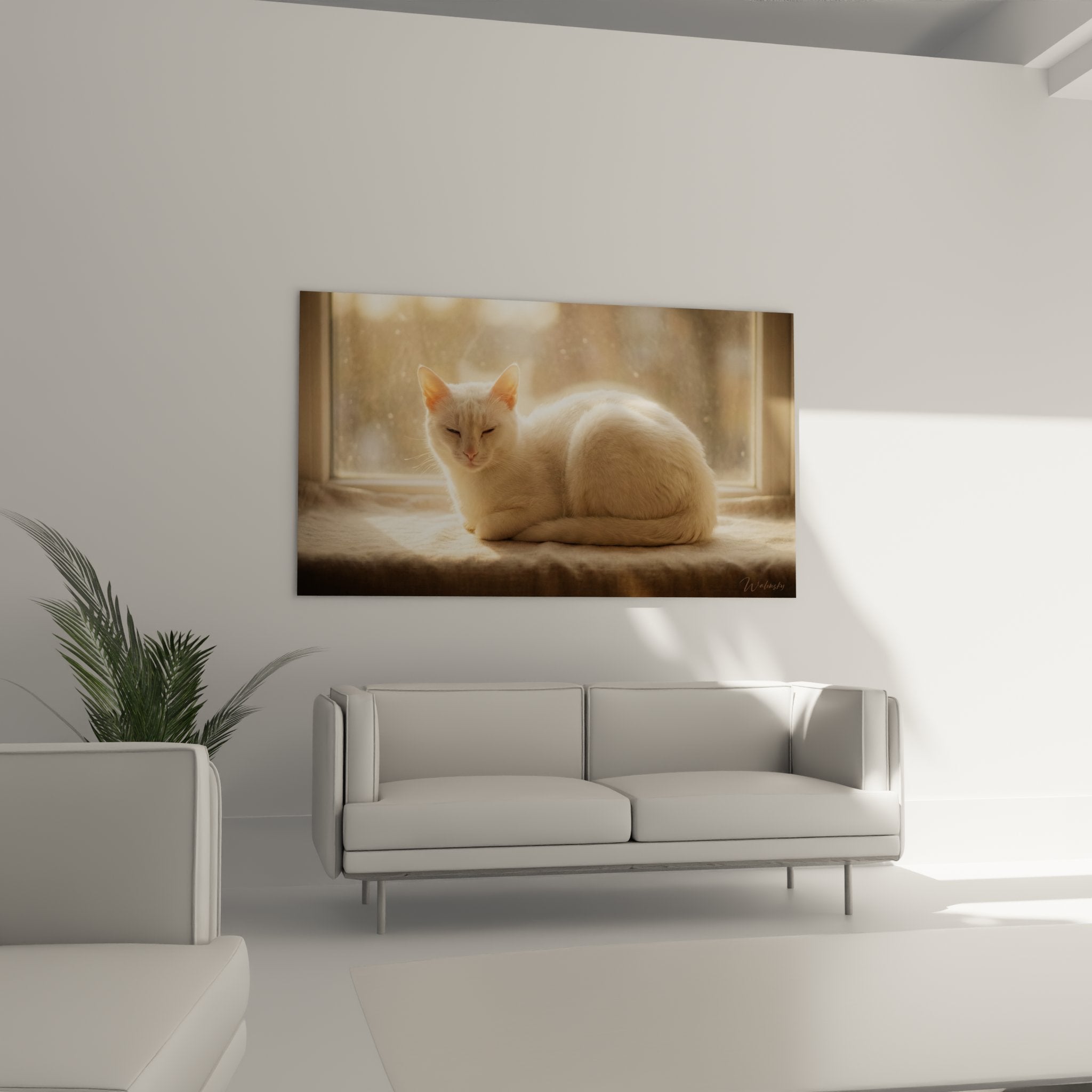 Détail chat blanc yeux mi-clos expression sereine pelage immaculé lumière naturelle dorée