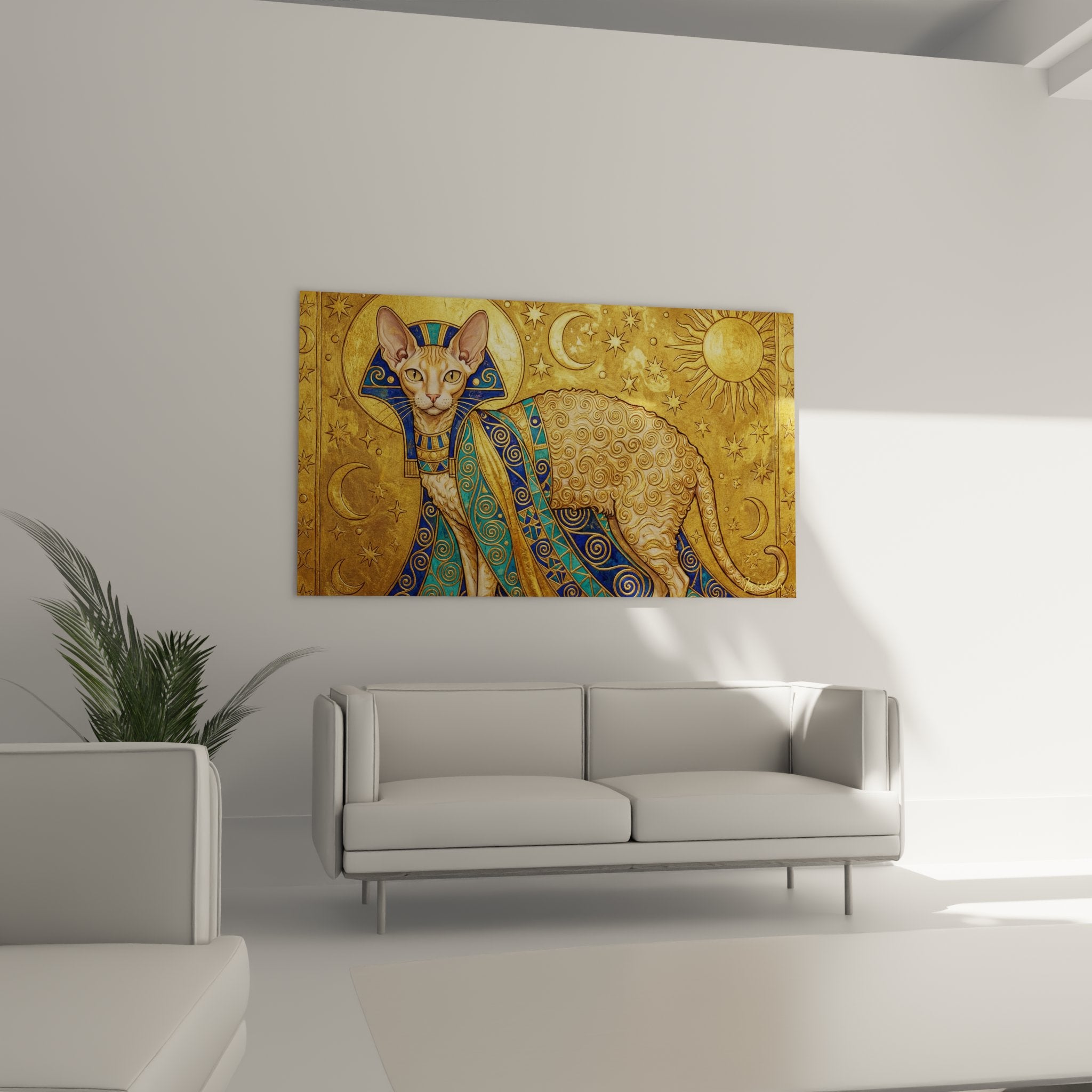 Detail tableau chat Cornish Rex egyptien coiffe pharaon bleue motifs geometriques dores