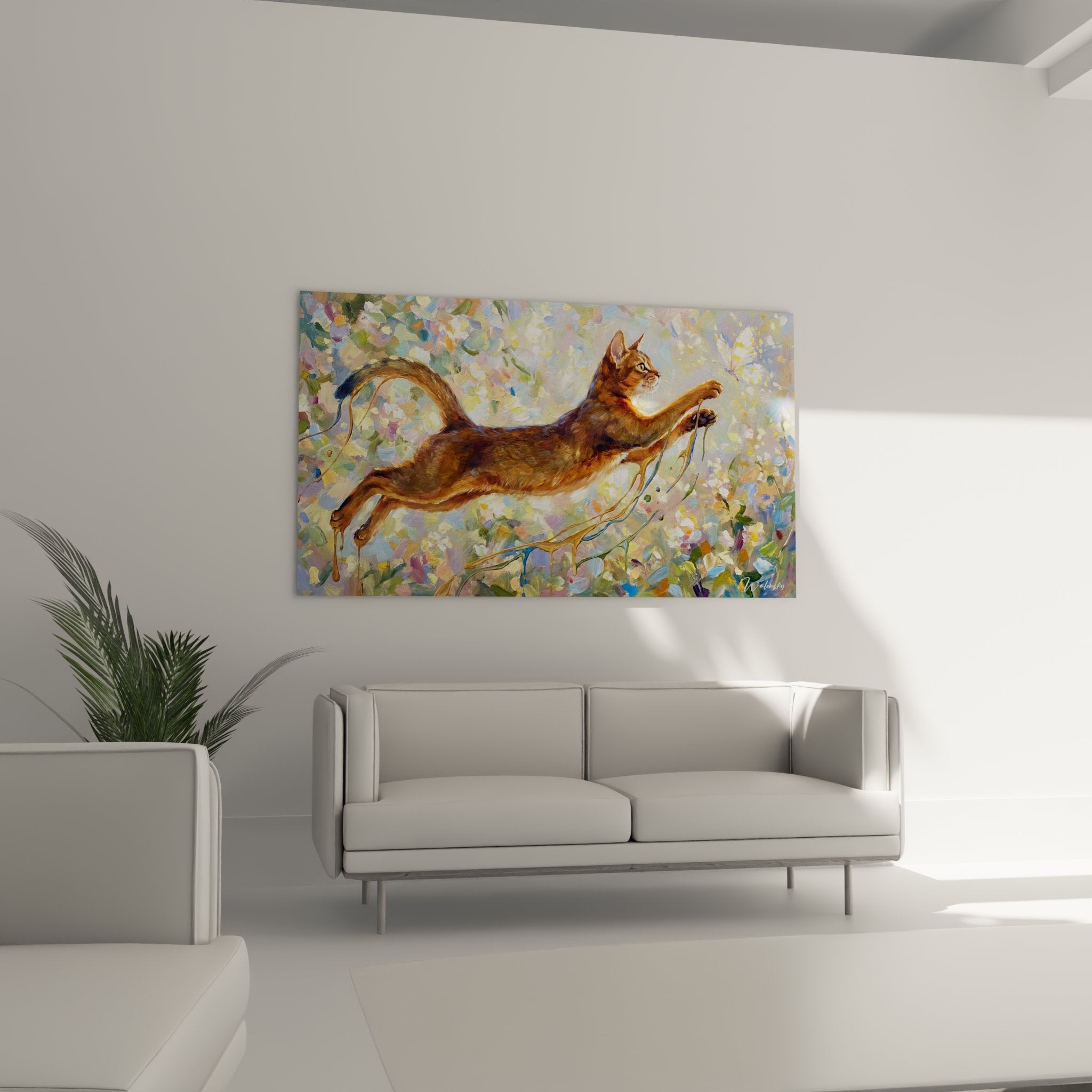 Détail du tableau montrant la technique impressionniste et les couleurs vives du chat Abyssin