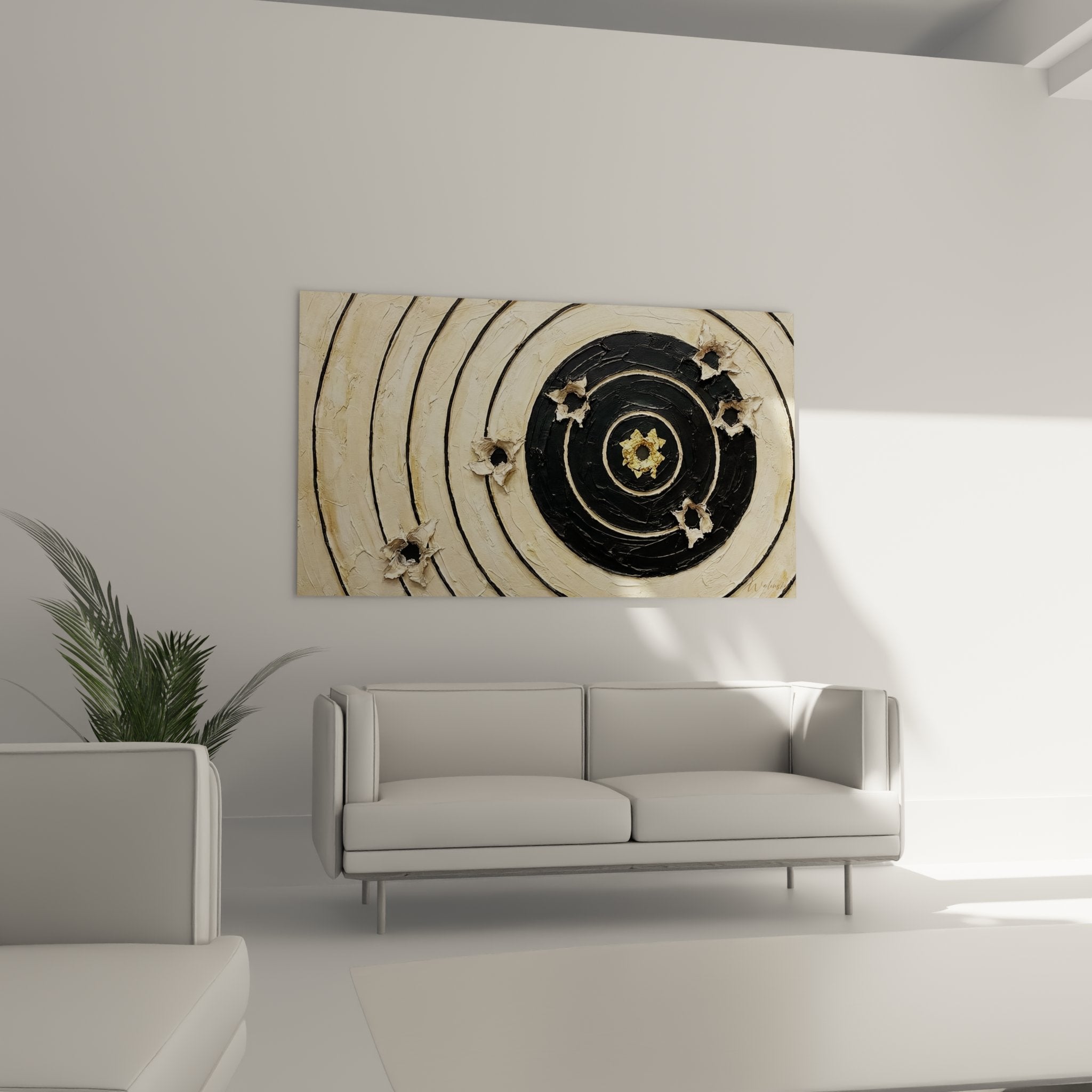 Close-up detail of target shooting painting showing thick paint texture and realistic bullet impacts