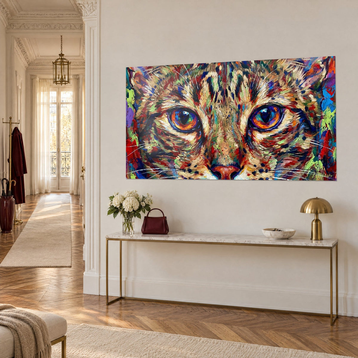 Gemälde gefleckte Katze mit hypnotischem Blick, rosa Schnauze und mitternachtsblauen Zügen, dreiviertel von oben über einer goldenen Konsole gesehen