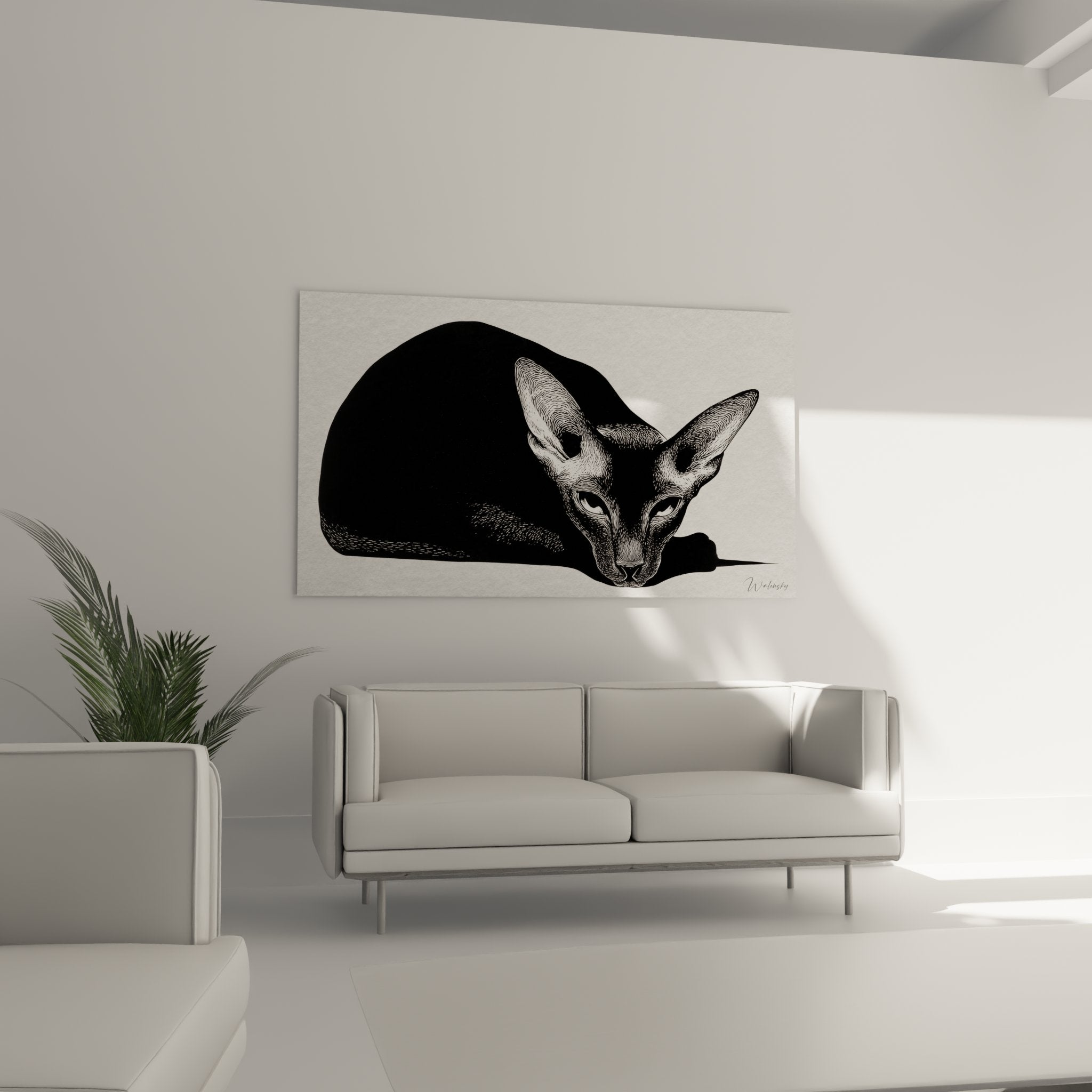 Detail of Oriental Shorthair cat artwork graphic technique black and white artistic hatching