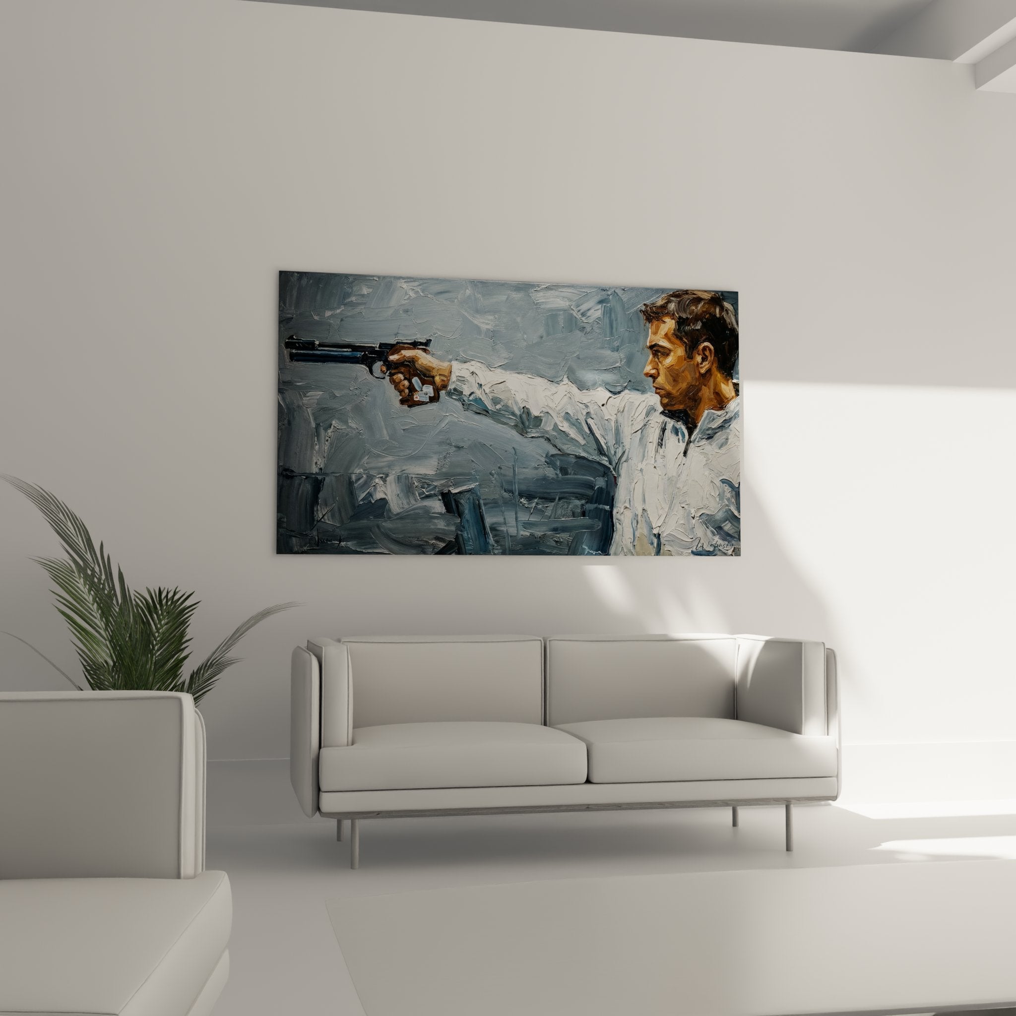 Close-up detail of the shooter painting showing the pictorial technique and paint impasto