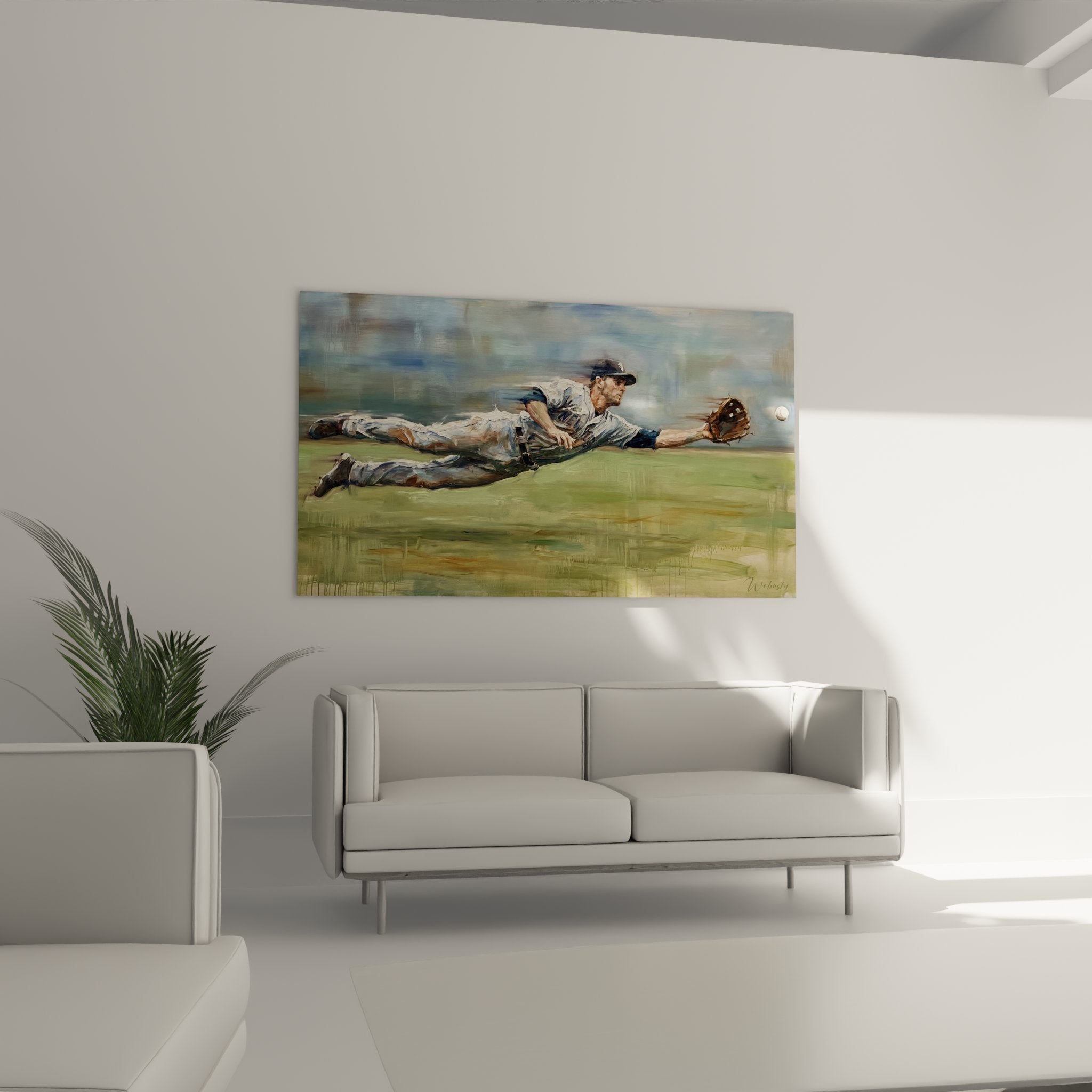 Detail tableau baseball technique picturale plongeon joueur, peinture realiste mouvement athletique