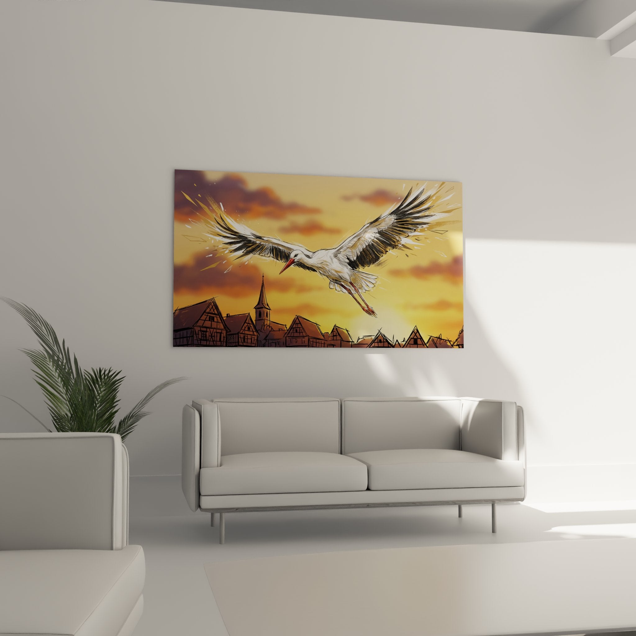 Detail artistique cigogne blanche ailes deployees style realiste avec traits expressifs dynamiques