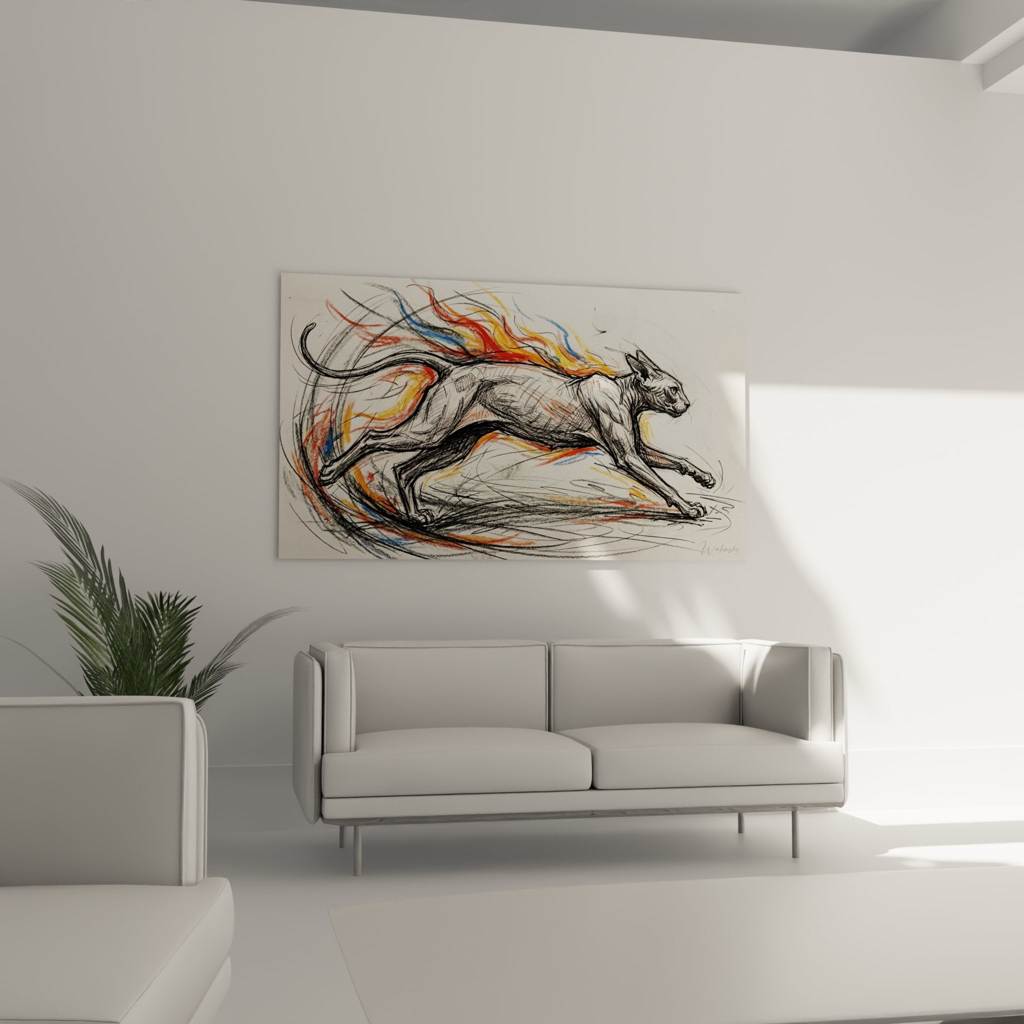 Dettaglio quadro gatto in movimento, tratti espressivi e fiamme arancione rosso, tecnica disegno gestuale