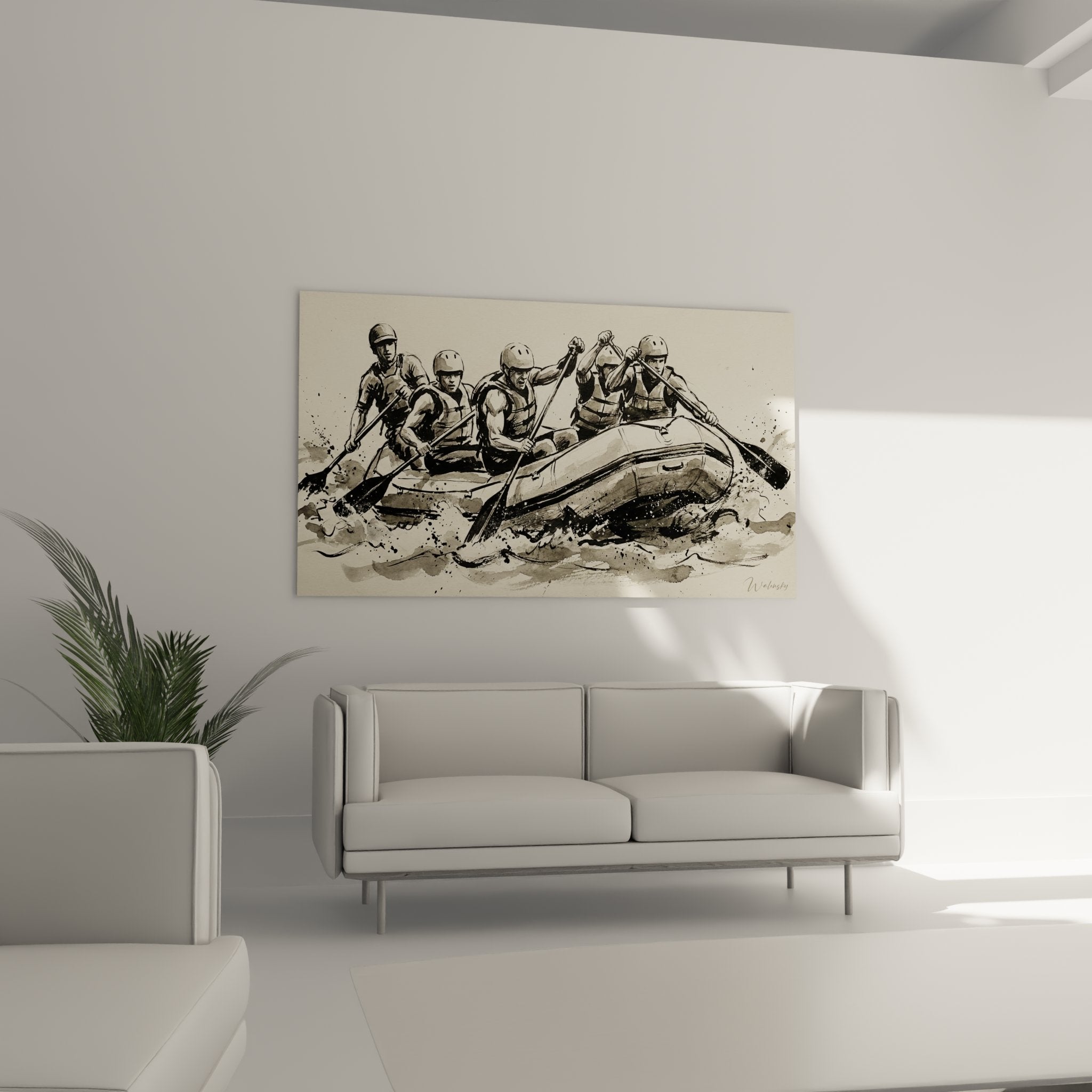 Dettaglio quadro rafting tecnico acquerello schizzo pagaie caschi equipaggiamento sicurezza texture artistica qualità