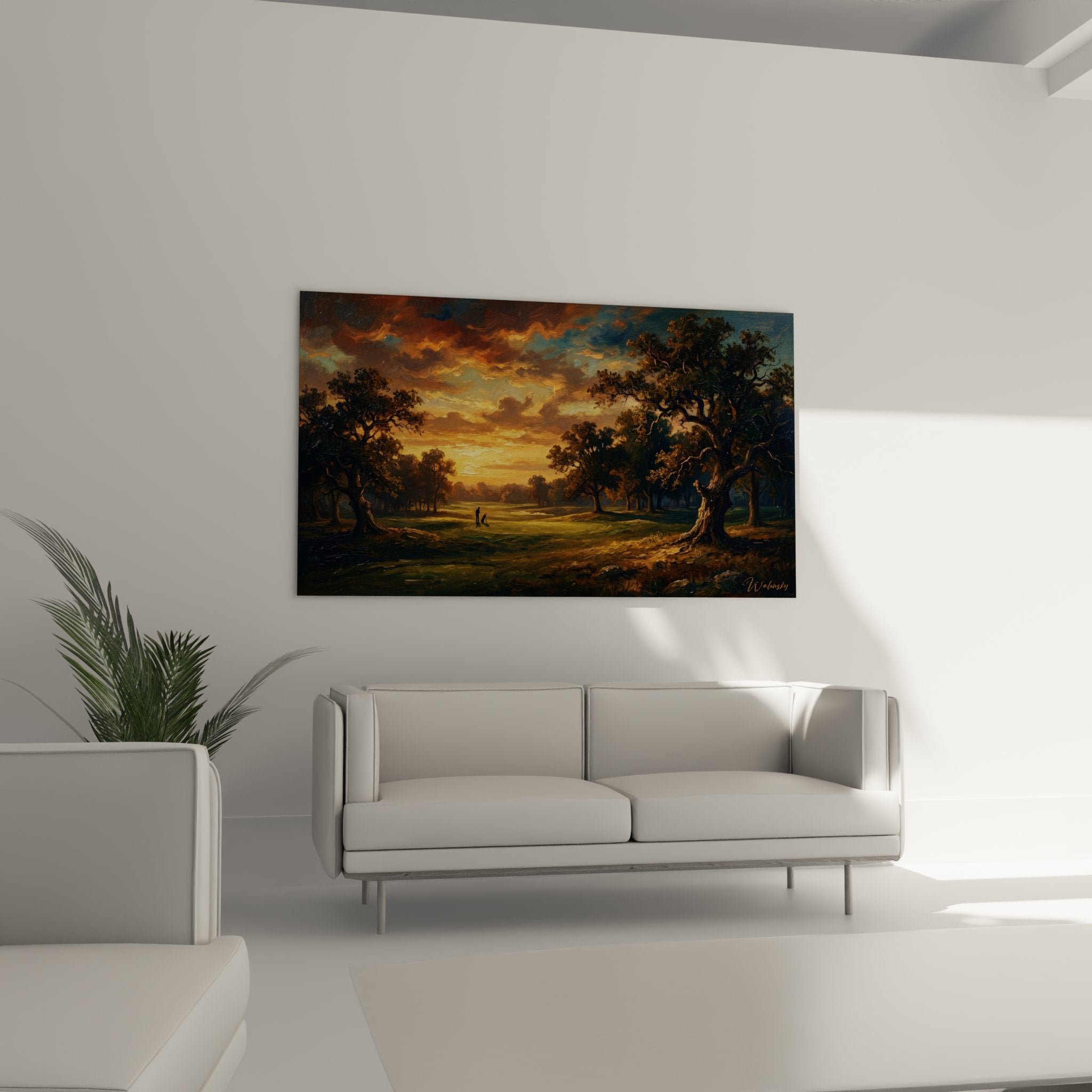 Detail peinture golf technique lumiere doree nuages oranges reflets terrain vert qualite artistique superieure