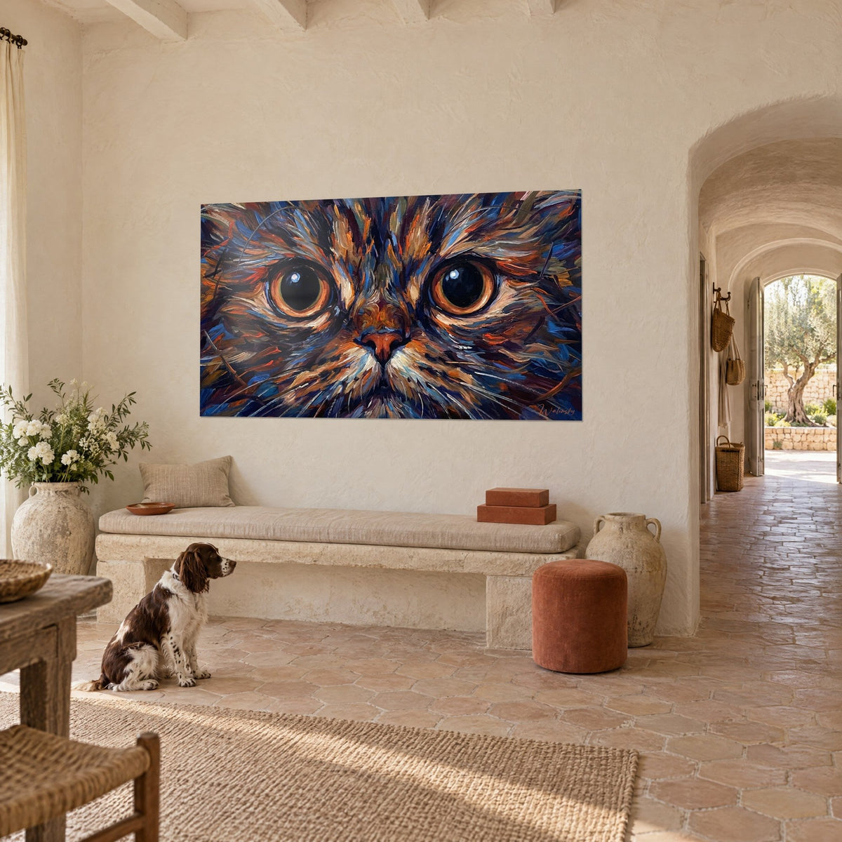 Tableau visage de félin au regard hypnotisant, coups de pinceau bleu nuit et cuivre, mur crème d'un mas provençal