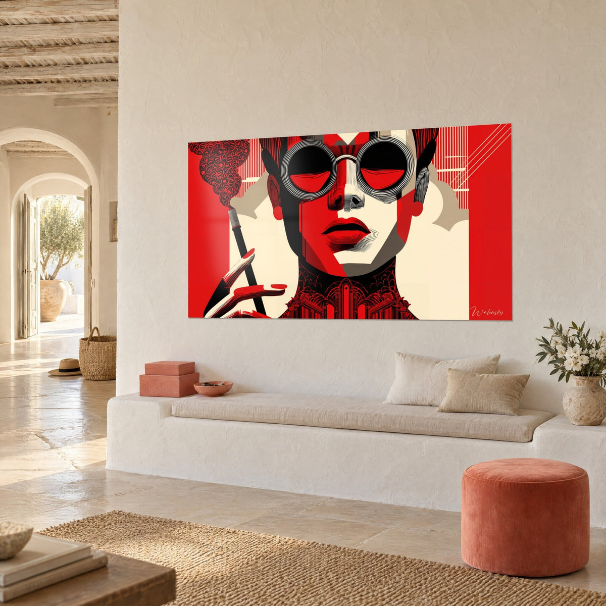 Wall art art deco portrait of a woman in round glasses, vermilion red and black, seen three-quarters, near a white banquette and a pouf