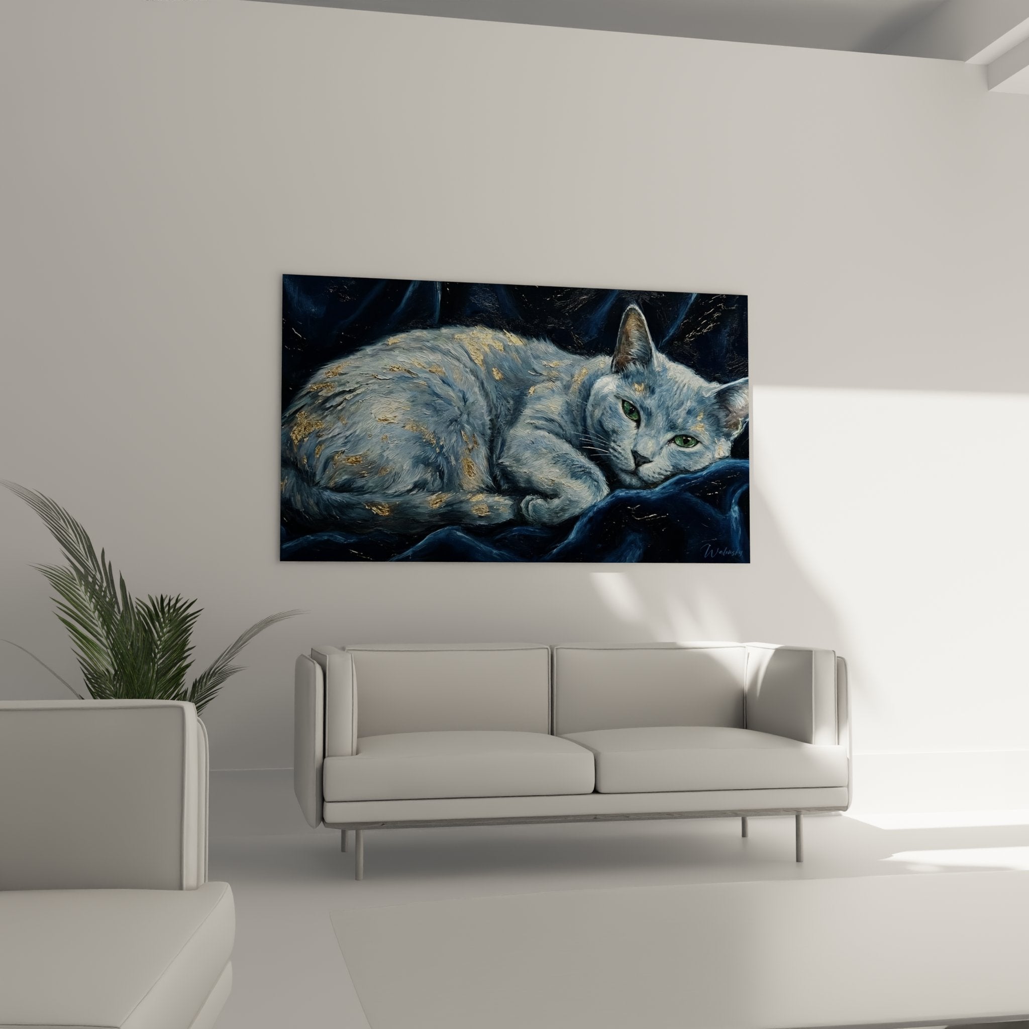 Dettaglio dipinto gatto Russian Blue occhi verdi mantello grigio-blu riflessi dorati texture pittorica