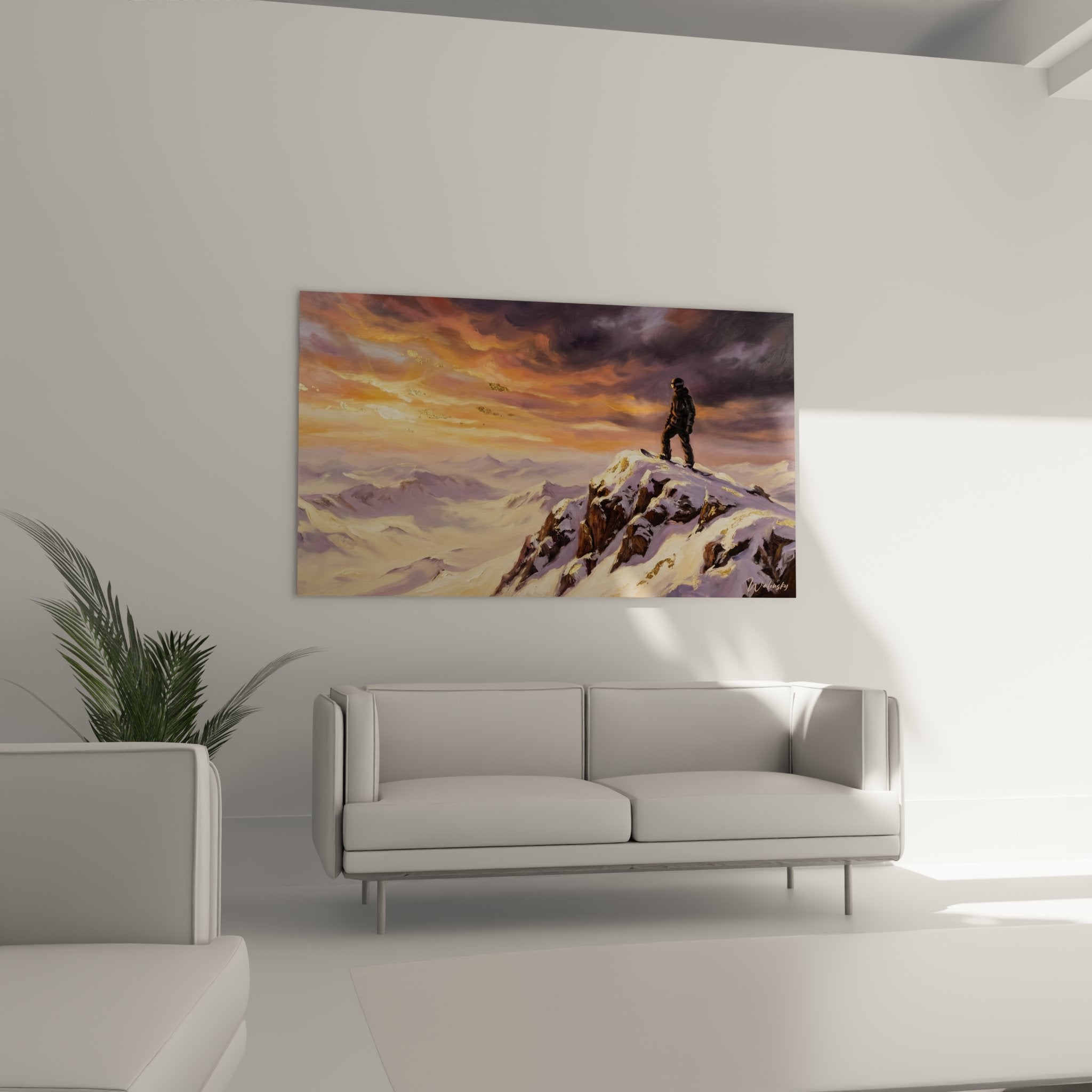 Détail tableau snowboardeur sommet peinture montagne neige coucher soleil art snowboard texture couleurs