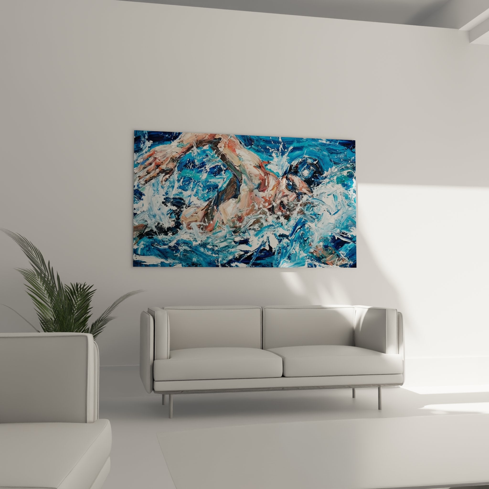 Swimming painting detail showing expressive brushstrokes and blend of blue and skin tone colors