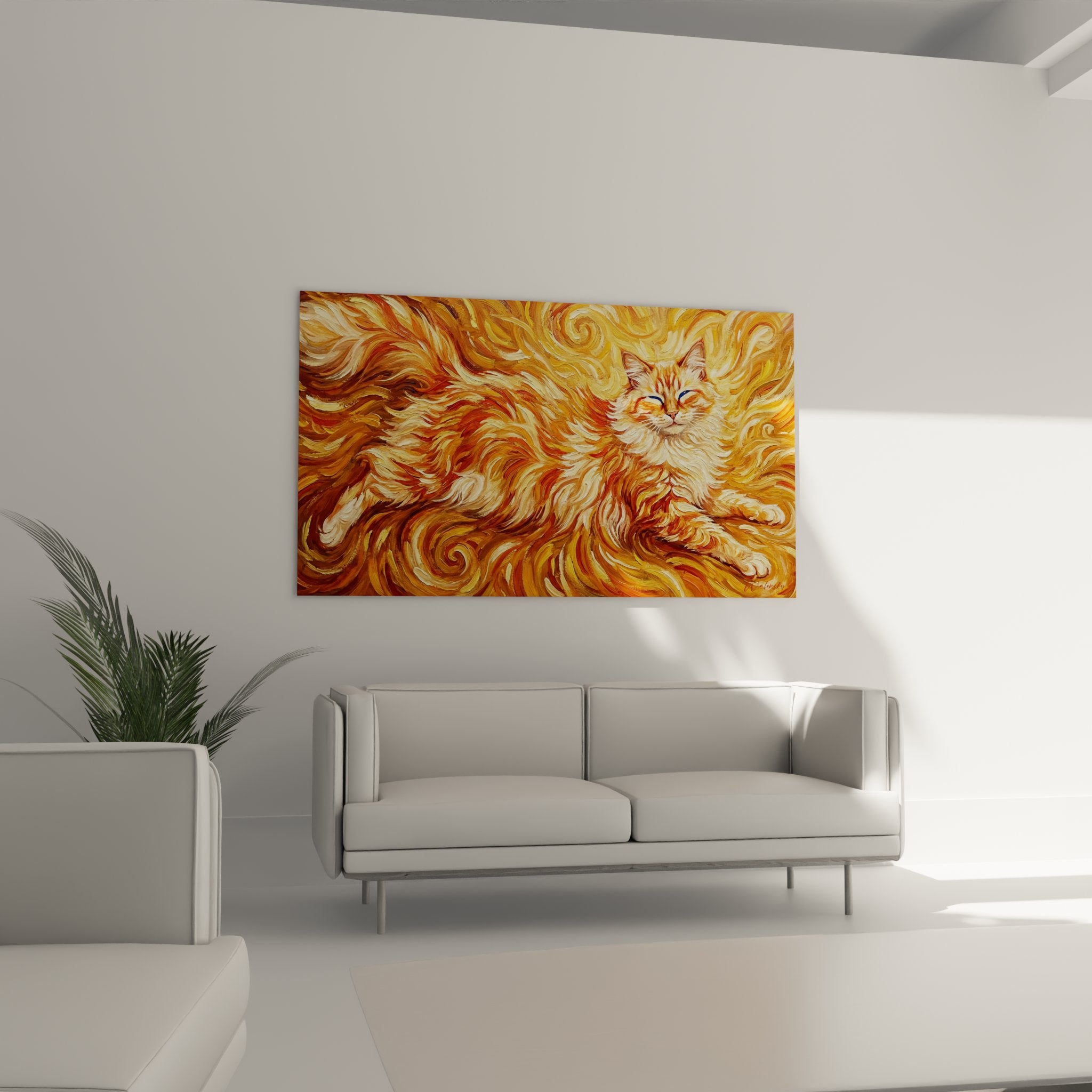 Détail tableau chat balinais flammes dorées texture peinture coups pinceau dynamiques art mural qualité