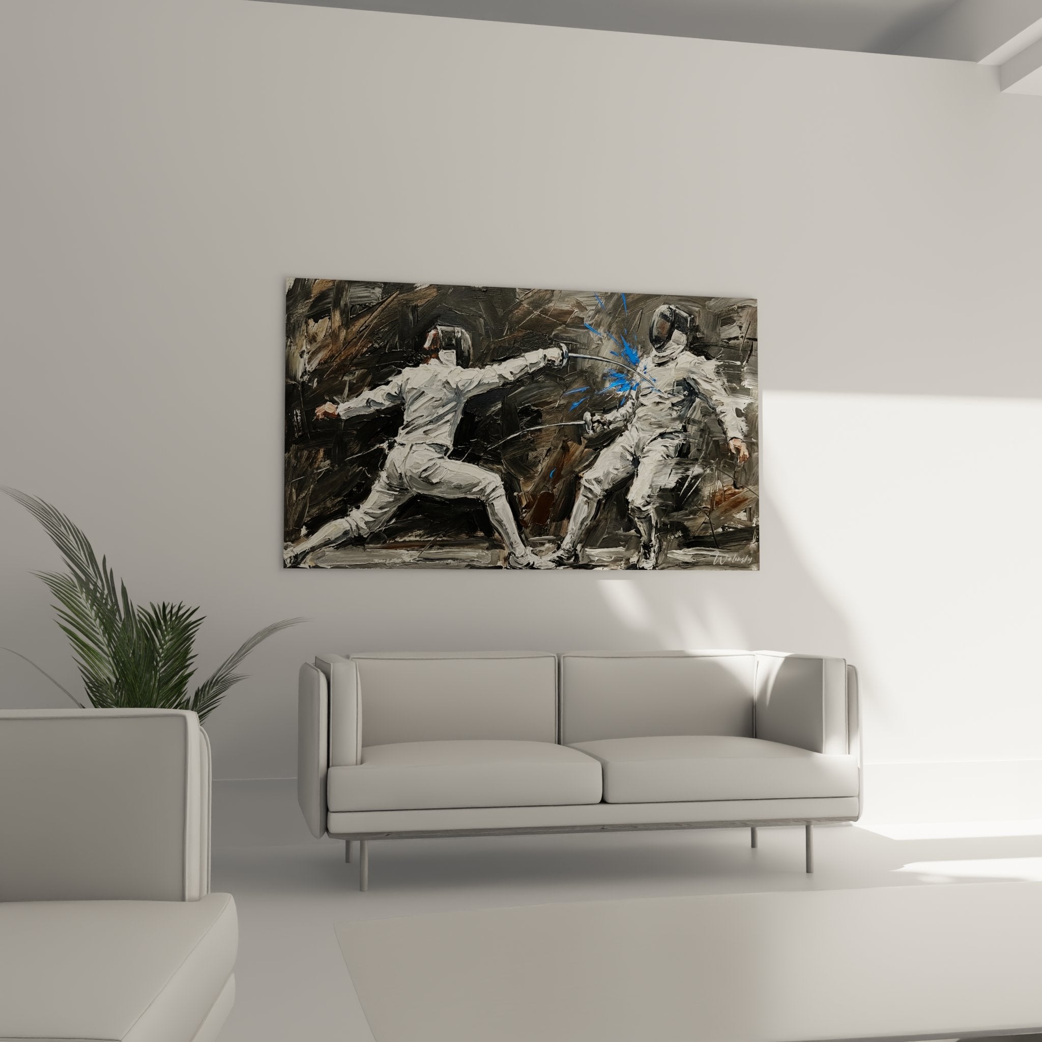 Detail du tableau escrime montrant les techniques de combat et les mouvements dynamiques des escrimeurs