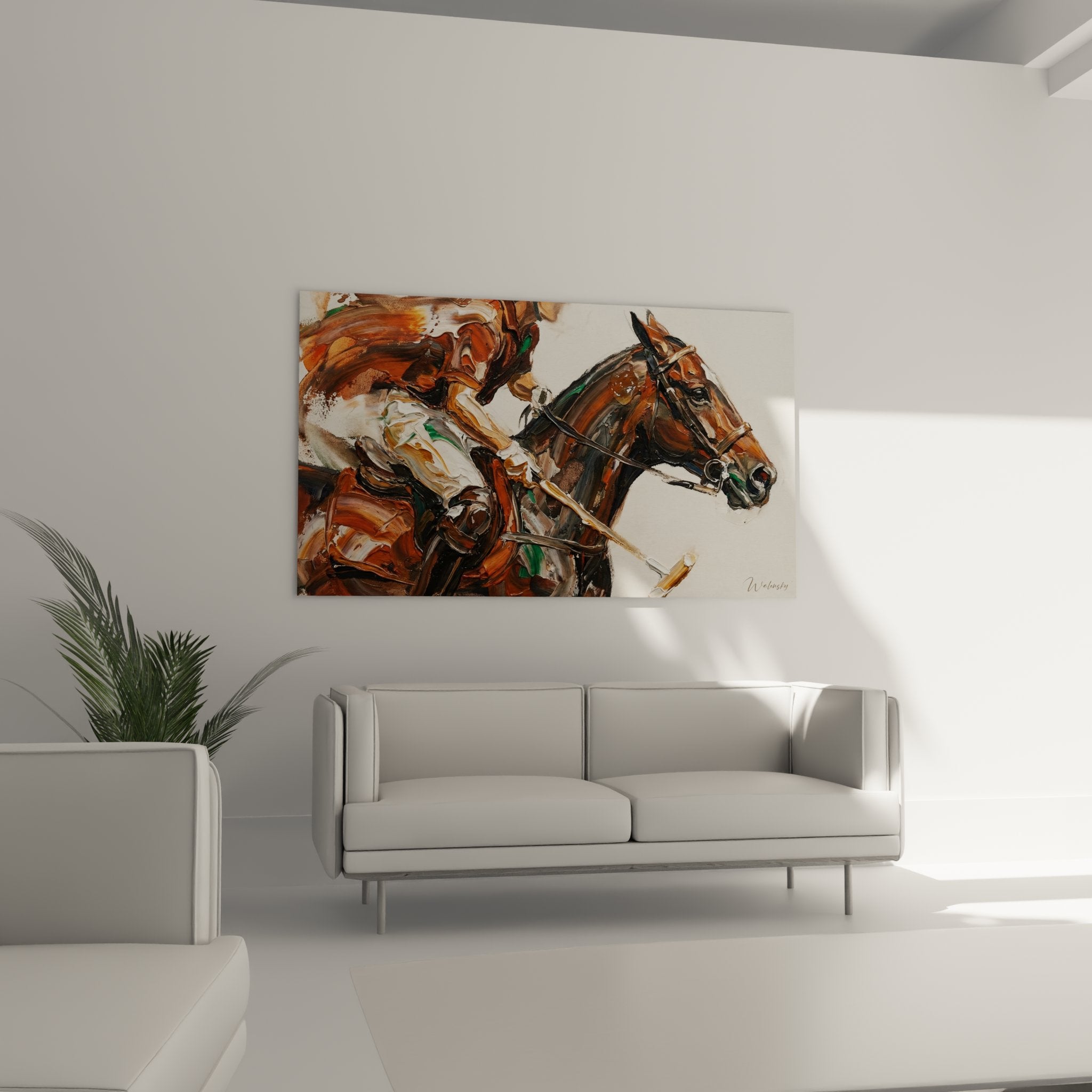 Détail peinture cheval polo montrant technique picturale moderne et palette couleurs chaudes