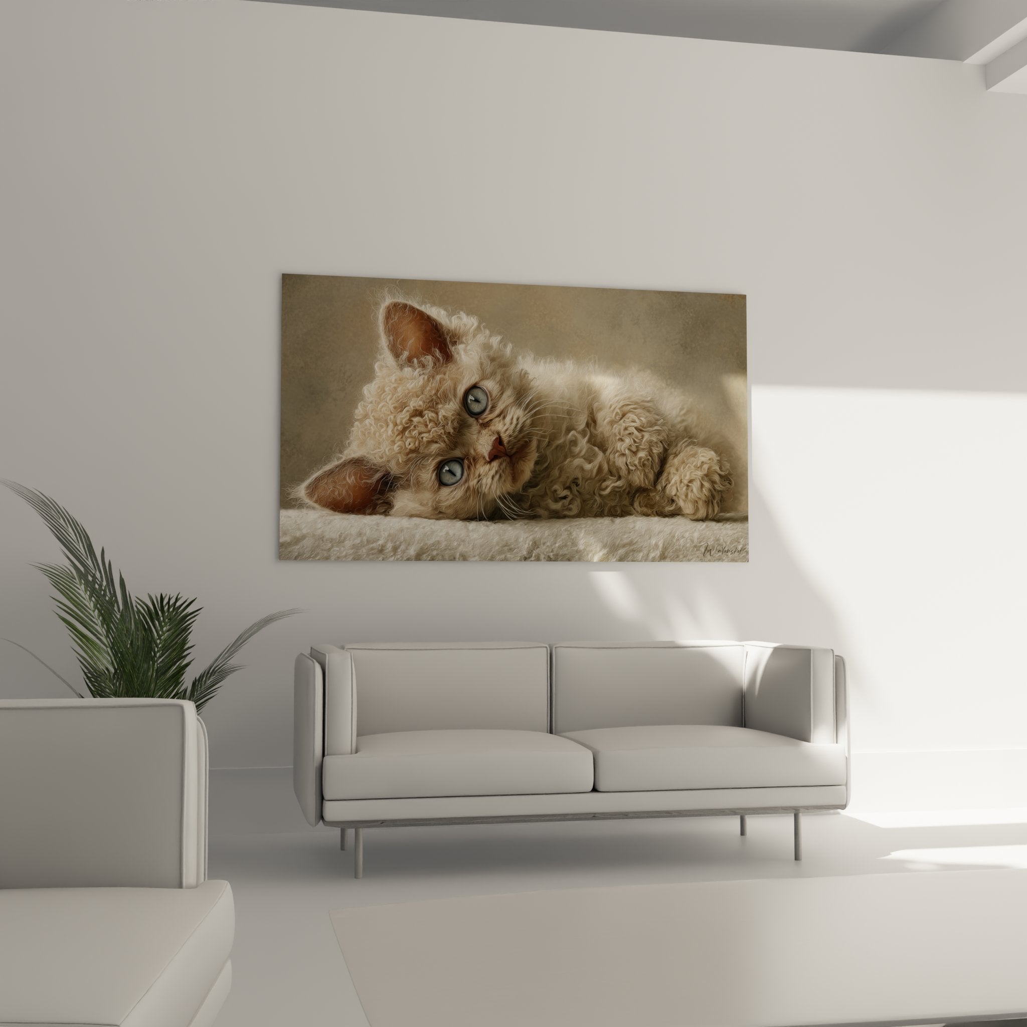 Großaufnahme Selkirk-Rex-Katzen-Kunstwerk, Detail lockiges Fell einzigartige Textur, ausdrucksstarke blaue Augen, Wandkunst