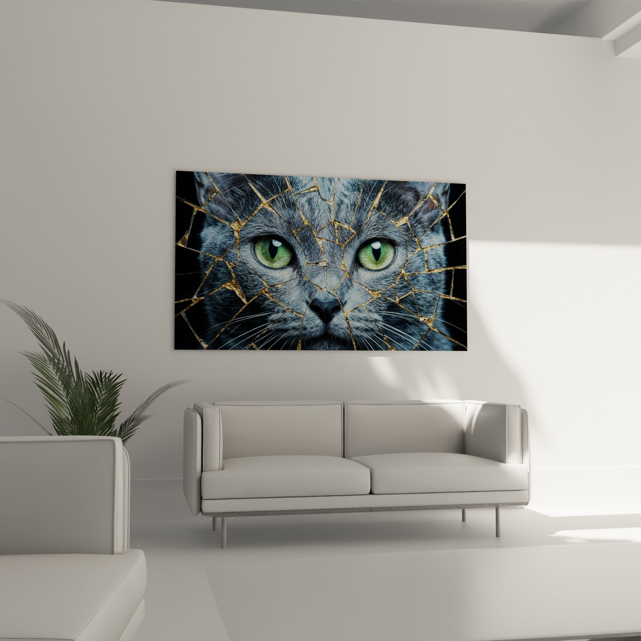 Gros plan yeux verts perçants chat Korat à travers fragments mosaïque dorée effet artistique détaillé