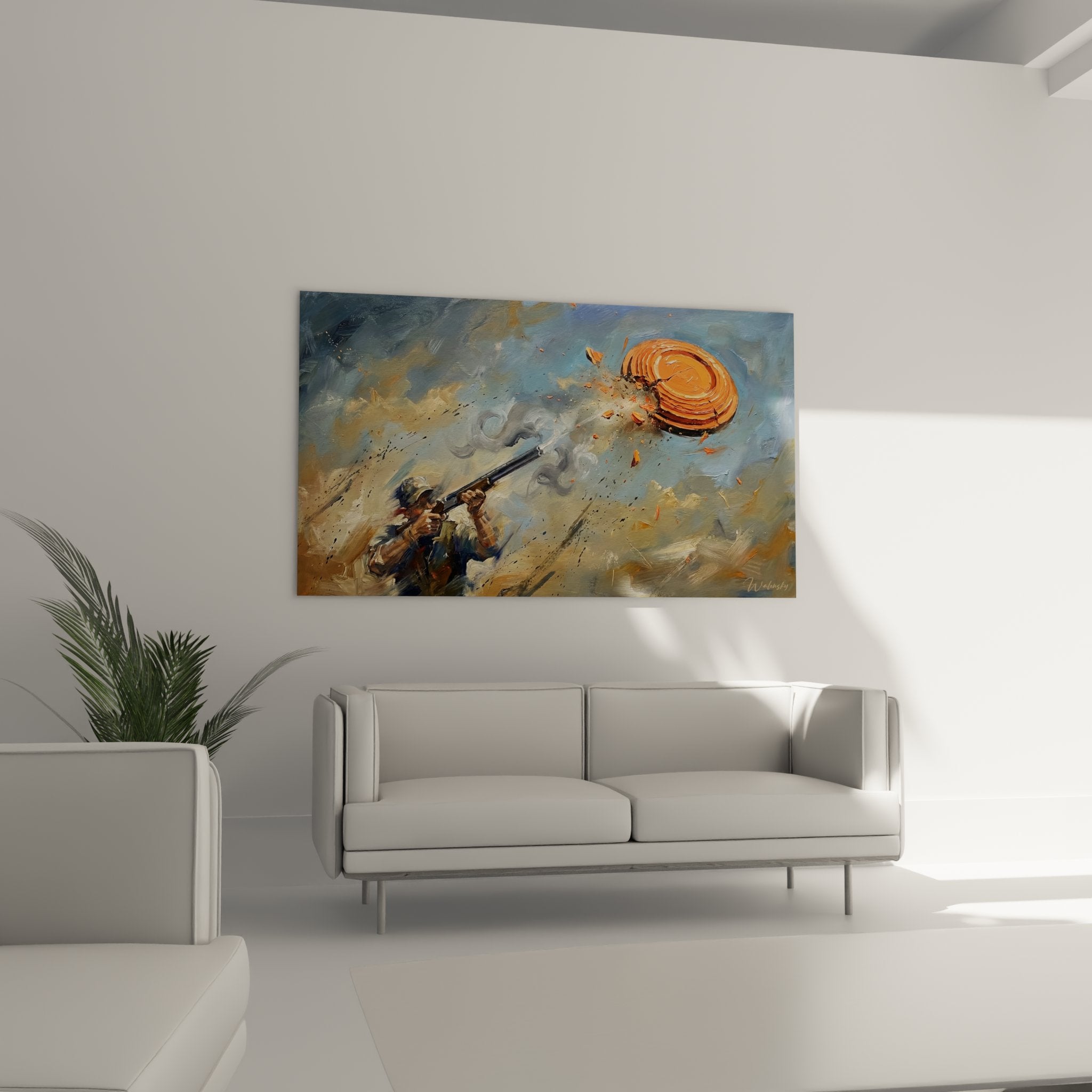 Primo piano della pittura di tiro sportivo che mostra i tratti di pennello espressivi e il piattello di argilla arancione