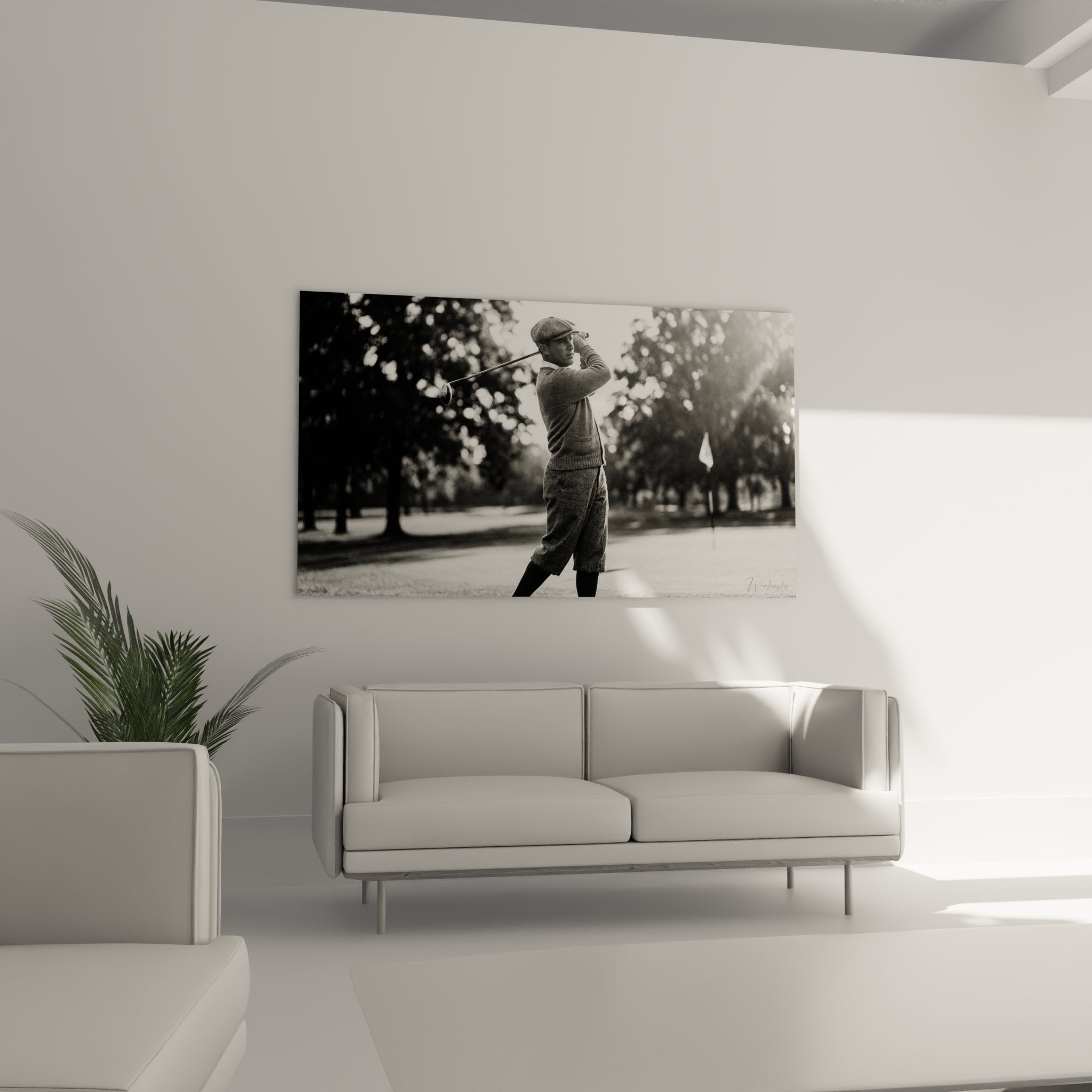 Detail tableau golf vintage montrant la technique parfaite du swing et tenue traditionnelle du golfeur