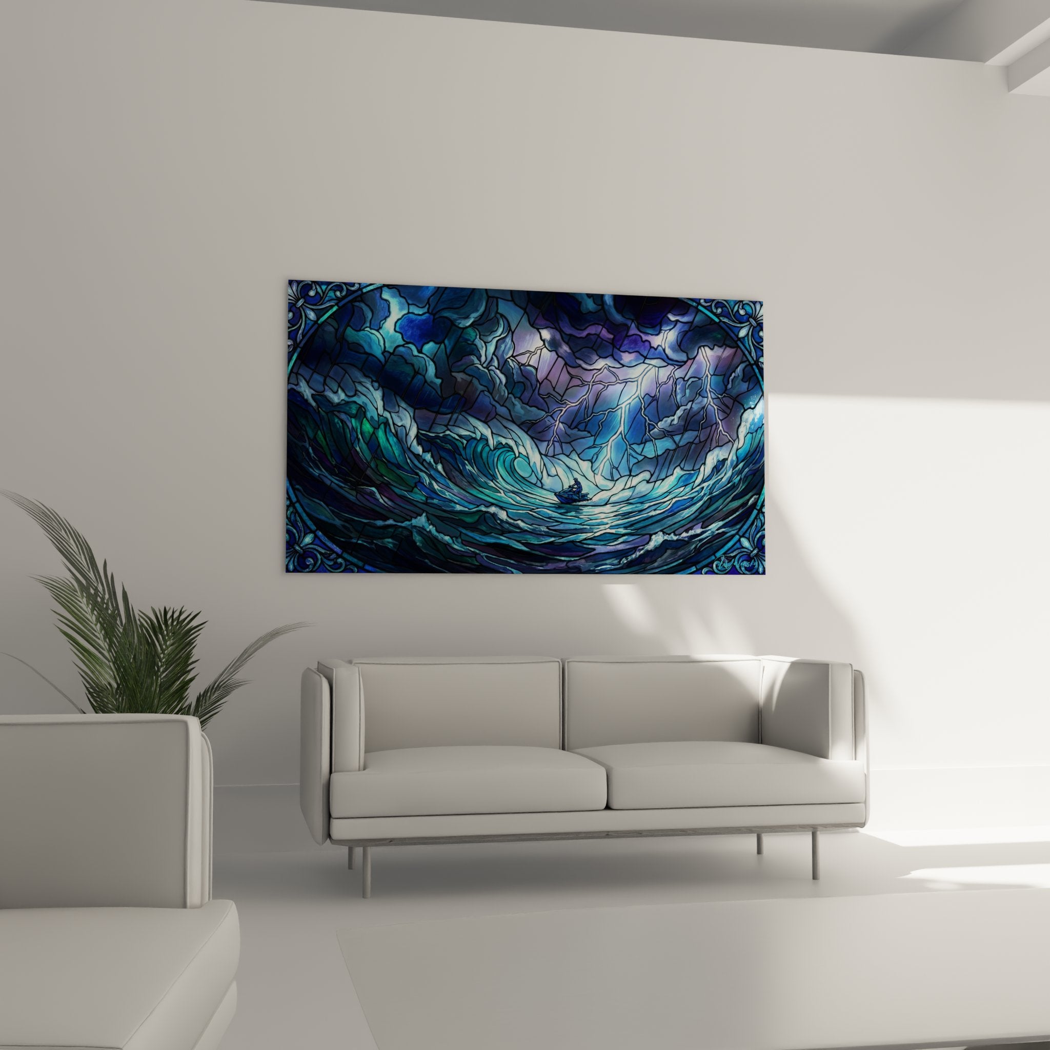 Détail rapproché tableau vagues déferlantes style mosaïque avec éclairs dramatiques