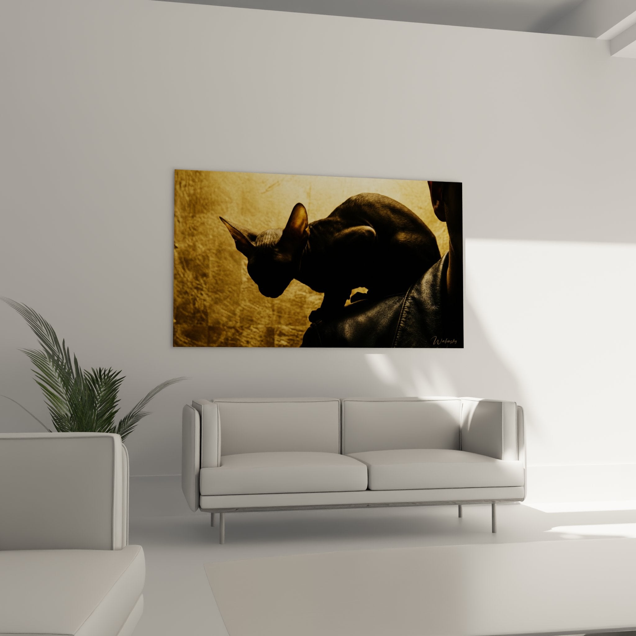 Nahaufnahme Cornish-Rex-Kunstwerk charakteristische Ohren elegante Silhouette goldenes Licht Premium-Katzenkunst